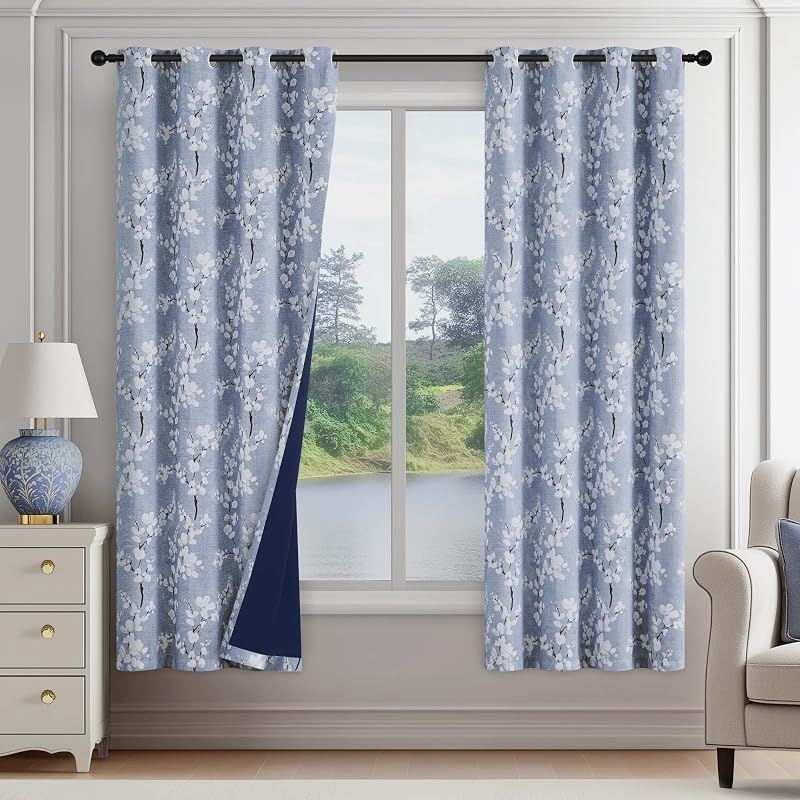 FMFUNCTEX Blue Blackout Floral Curtains for Bedroom, 63 Inches, 2 Panels | 100% Black Out Drapes, Blossom Patterned, Thermal Insulated, Cottage Farmhouse, for Living Room, Grommet Top, White on Blue