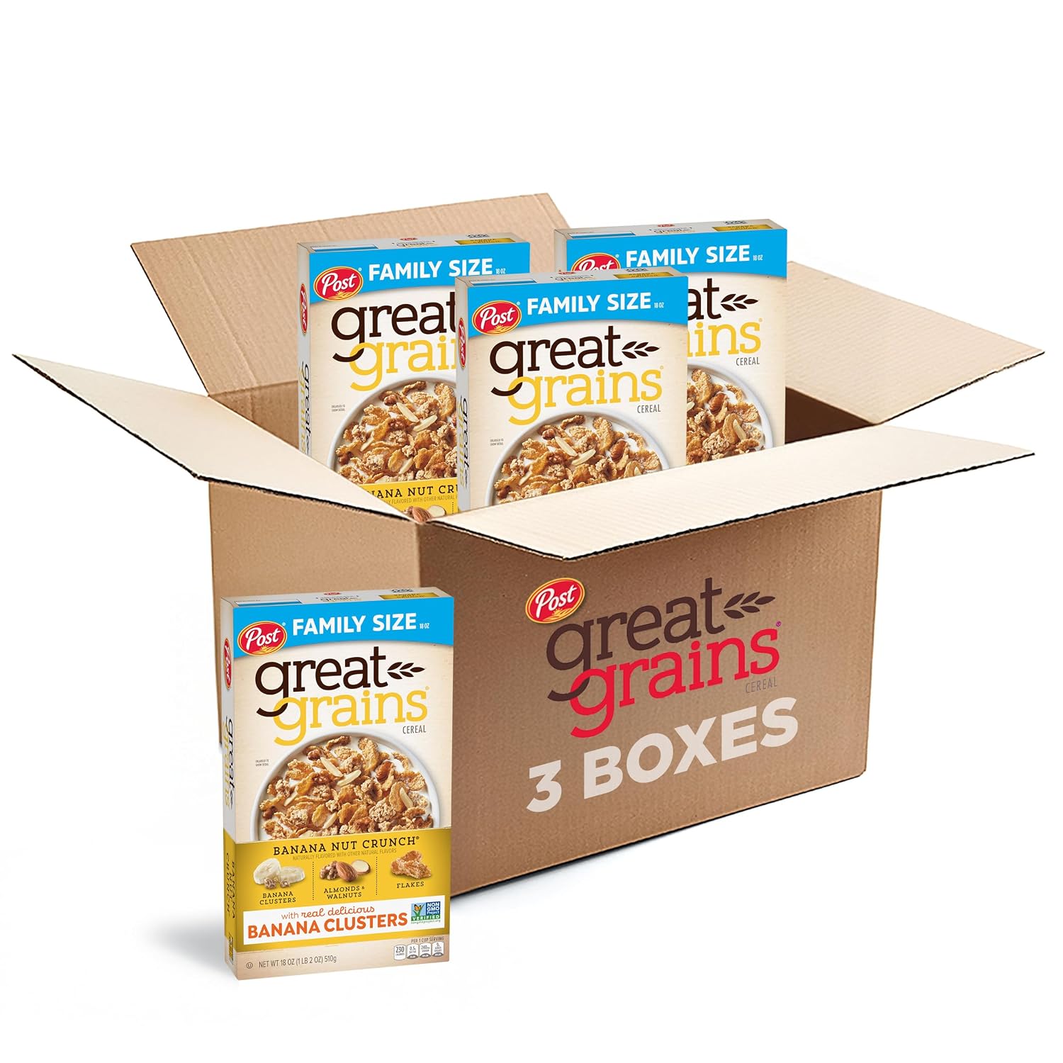 Post Great Grains Banana Nut Crunch Breakfast Cereal, Non GMO Project Verified, Heart Healthy, Low Saturated Fat, Whole Grain Cereal, 18 Ounce (Pack of 3)