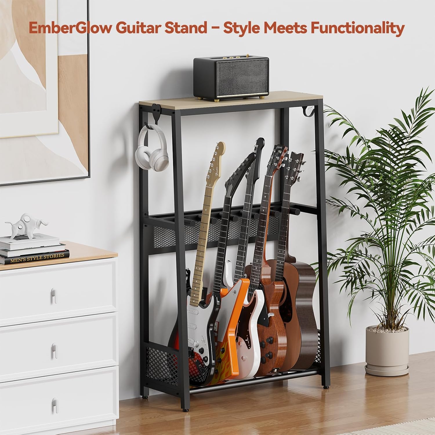 EmberGlow Multiple Guitar Stand, Thickened And Reinforced, Full Protection Design for Acoustic , Electric Guitar ,And Bass, Model L,Gray Shelf