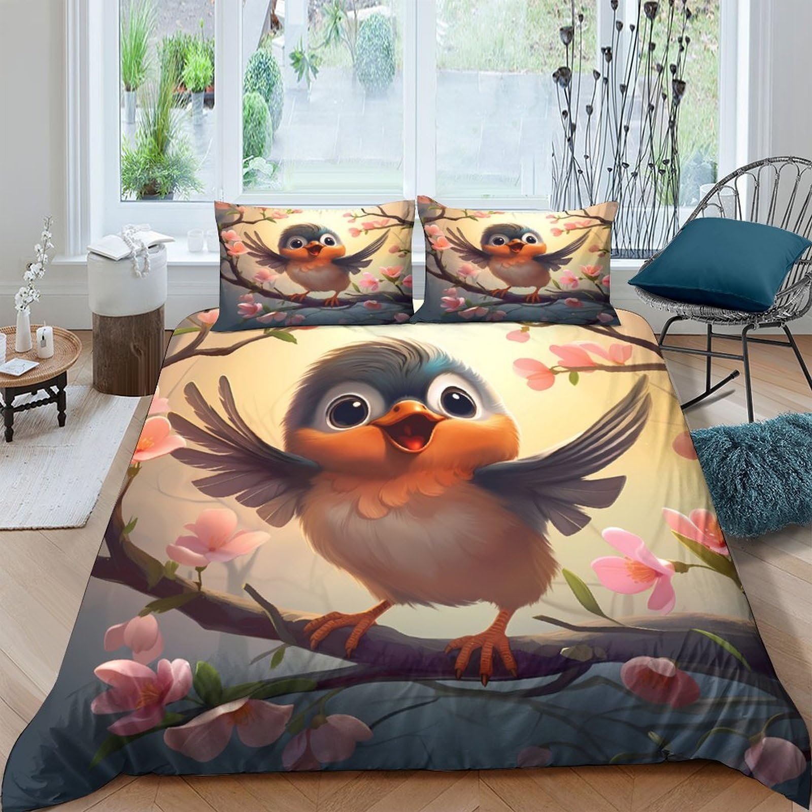 Ctjqhvkz Style-8 3D Printed Cartoon Bird Fitted Sheet Microfiber Soft Pink Blossom Mattress Cover For Bedroom Decor Dorm Room Single（135X200cm）