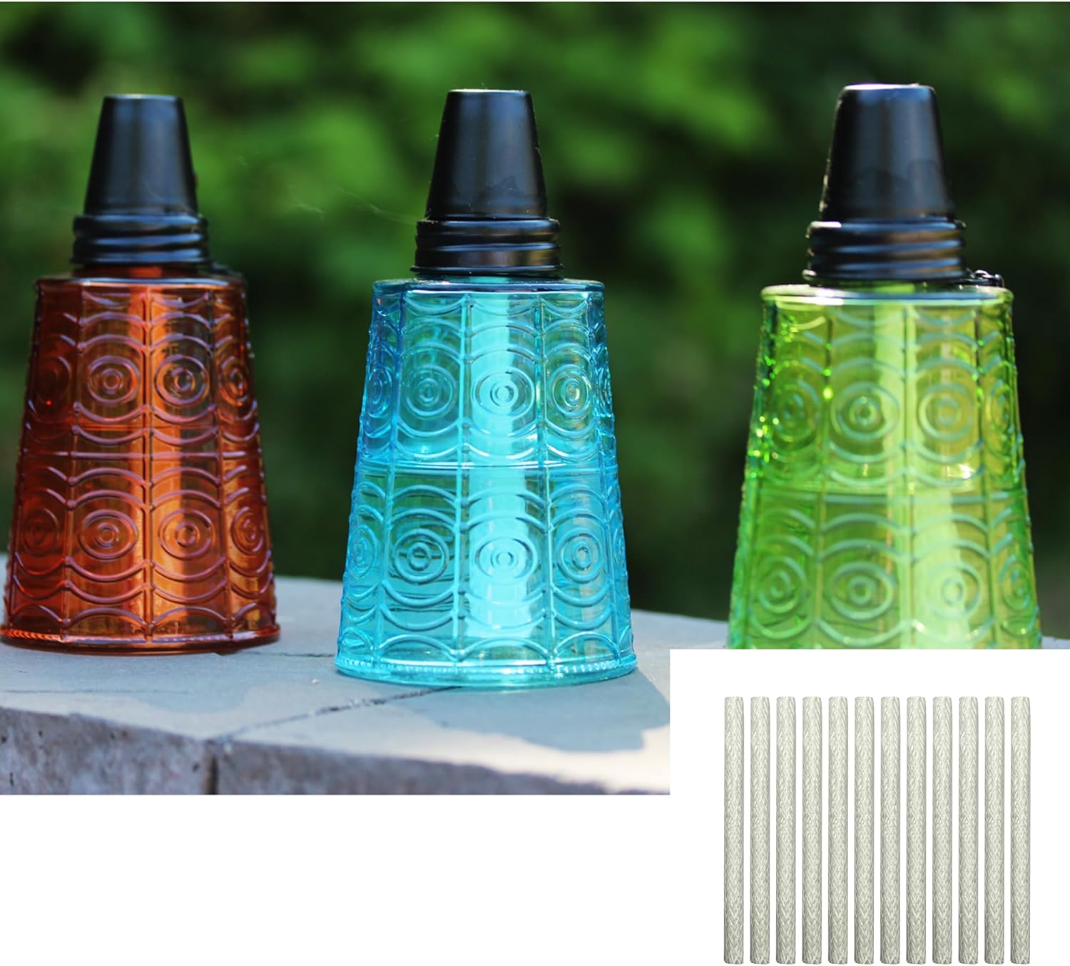 Seraphic Torches for Outside - Citronella Table Top Torch Candles for Patio, Garden, Deck, and Outdoor Parties, Set of 3 Plus 12 Wicks, Amber/Blue/Green