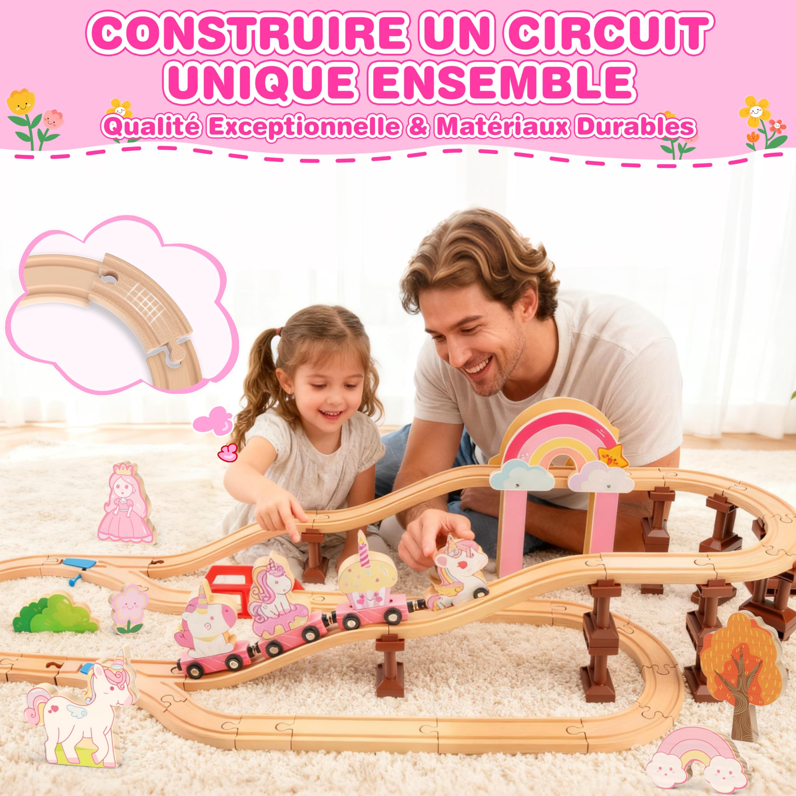 MOMOSTAR 74 Pièces Thème Licorne Rose Circuit Train Bois Enfant, Licorne Cadeau Fille 3 4 5 Ans Comprend des Ornements Tels Que des Châteaux, des Licornes Et des Princesses, Jouet Fille 3-5 Ans