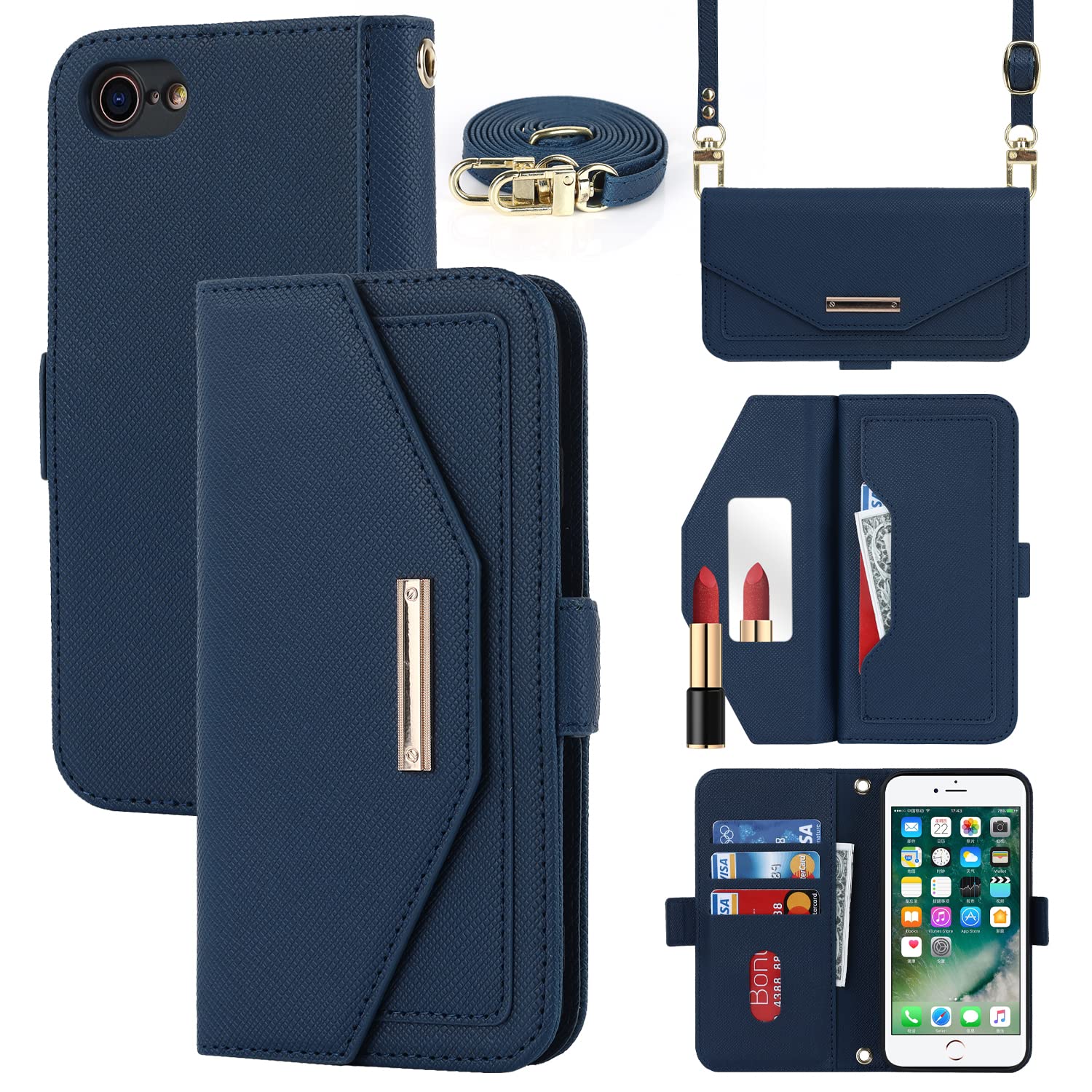 Custodia A Portafoglio Con Supporto Per IPhone 7 Plus / 8 Plus – Pelle PU Con Fessure Per Carte E Chiusura Magnetica (Unicorno Rosso E Blu) + Pennino In Omaggio