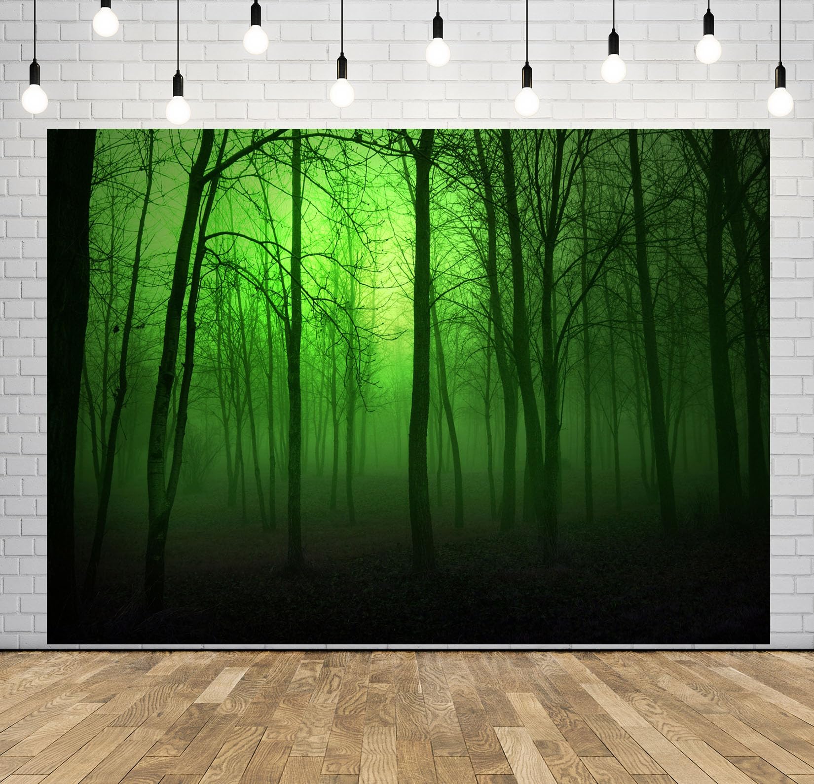 10x6.5FT (3x2m) Foresta Nebbiosa Verde Neon Sfondo Fotografico | Silhouette Di Bosco Inquietante Fondale In Tessuto,Alberi Alti Spogli,Per Feste Halloween E Ritratti Spaventosi,Photo Booth