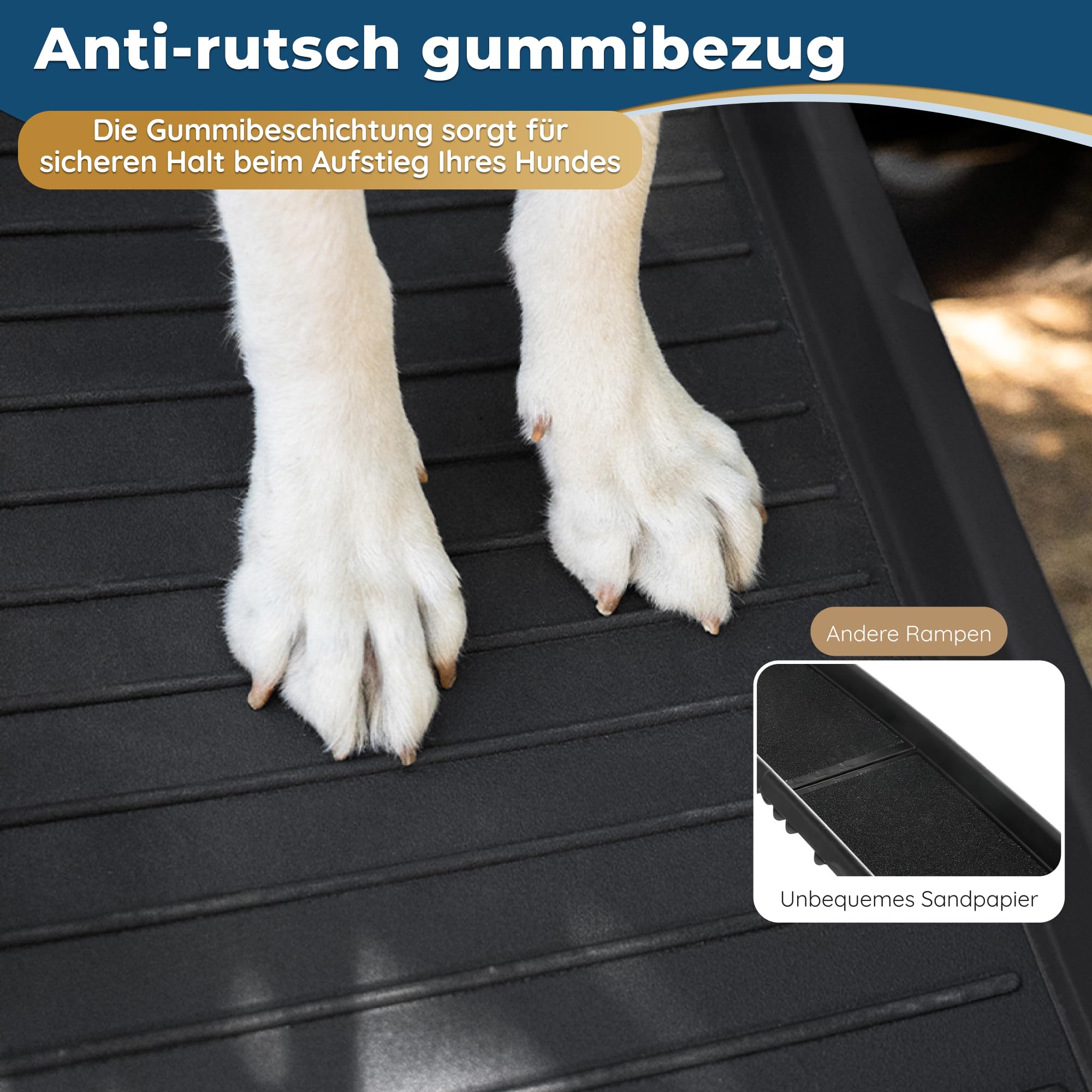 Hunderampe Auto Klappbar – 174 cm Lang & 38 cm Breit – rutschfeste Gummi Rampe für große Hunde – Stabile Hundetreppe Auto & SUV - 85kg Belastbarkeit – Klappbare Hundeleiter Auto – Schwarz
