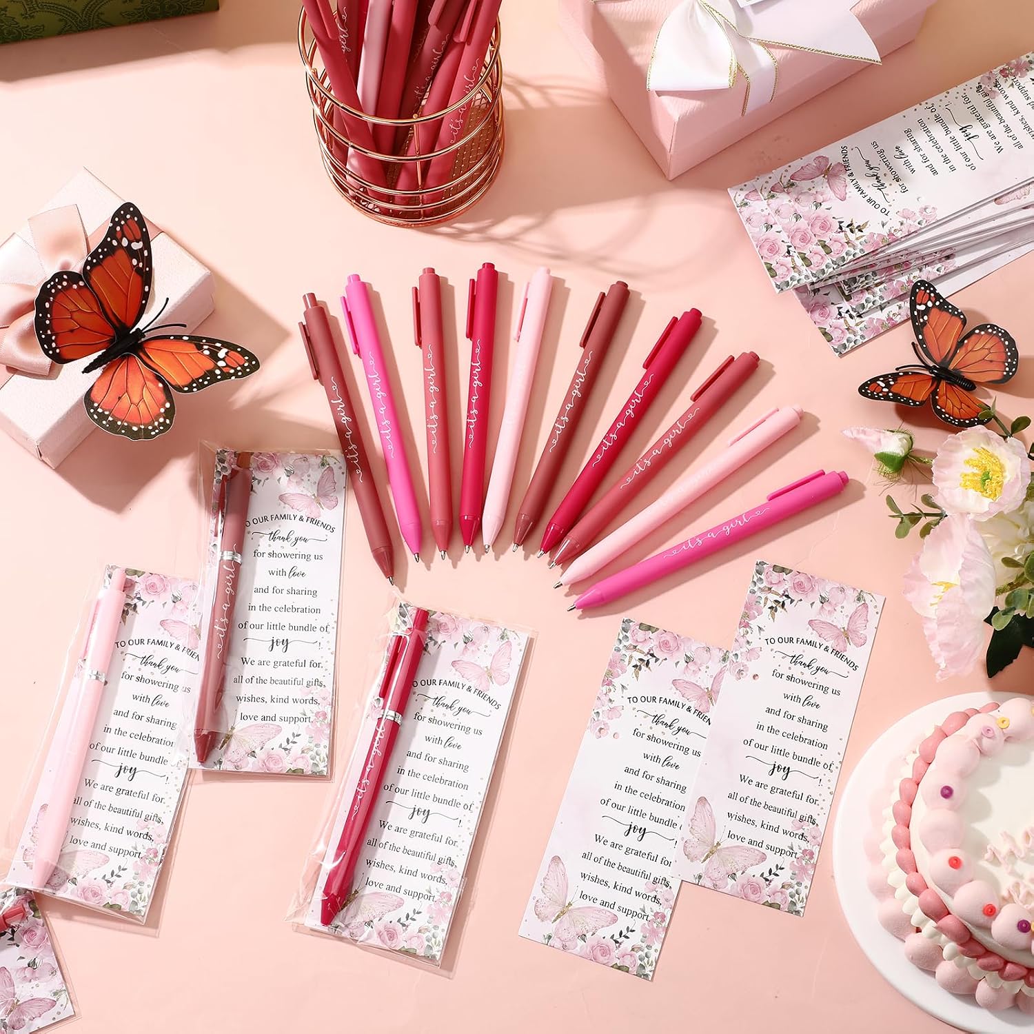 Engrowtic 50 Set Baby Shower Gifts Pens for Guests Bulk Baby Shower Party Favors Retractable Ballpoint Pens with Thank You Cards Gender Reveal Souvenirs Prizes Supplies Return Gifts (Pink Butterfly) image 4