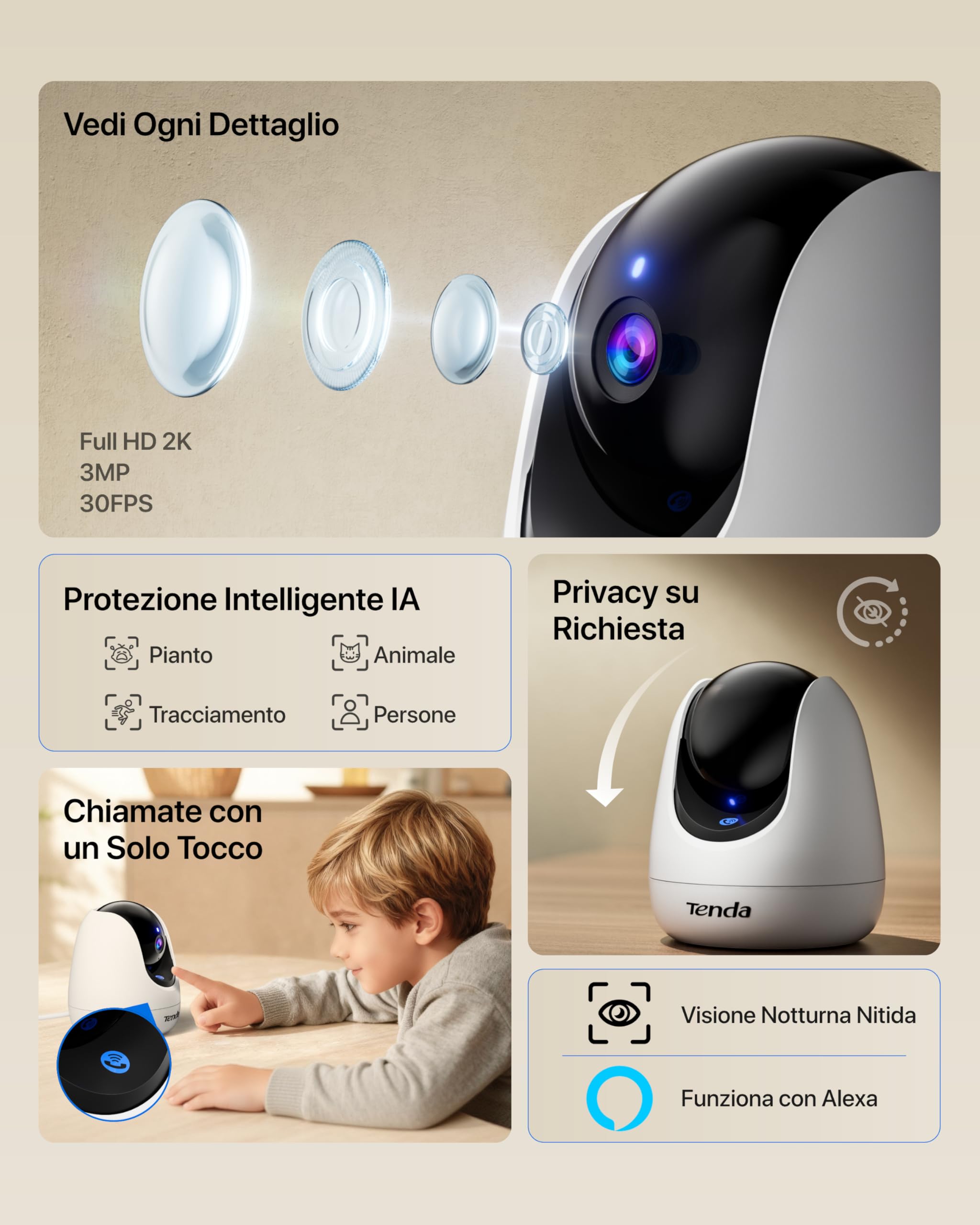 Tenda CP3 Pro Telecamera Wi-Fi Interno, 360° 2K Videocamera di Sorveglianza, Webcam di Sicurezza per Bambini/Anziani/Cani, Visione Notturna, Chiamata con un Tocco, Audio Bidirezionale, Wi-Fi 6
