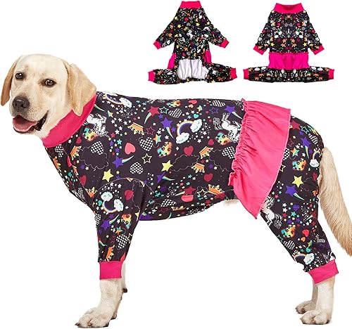 LovinPet Pijama para perros de raza grande, para el cuidado de heridasrecuperación poscirugía para perros grandes, estampado negro de unicornio y