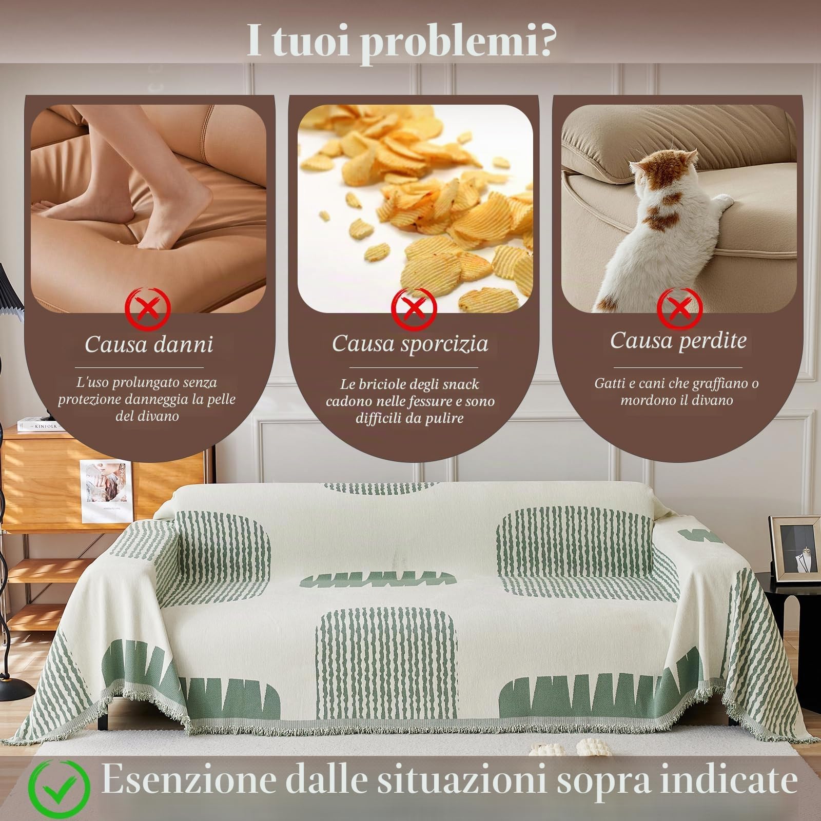 Copridivano, Copridivano Universale Quattro Stagioni, Copritutto per Divano Arredamento per La Casa, Coperta per divano in Ciniglia con Frangia Delicata 180 * 380cm-Verde