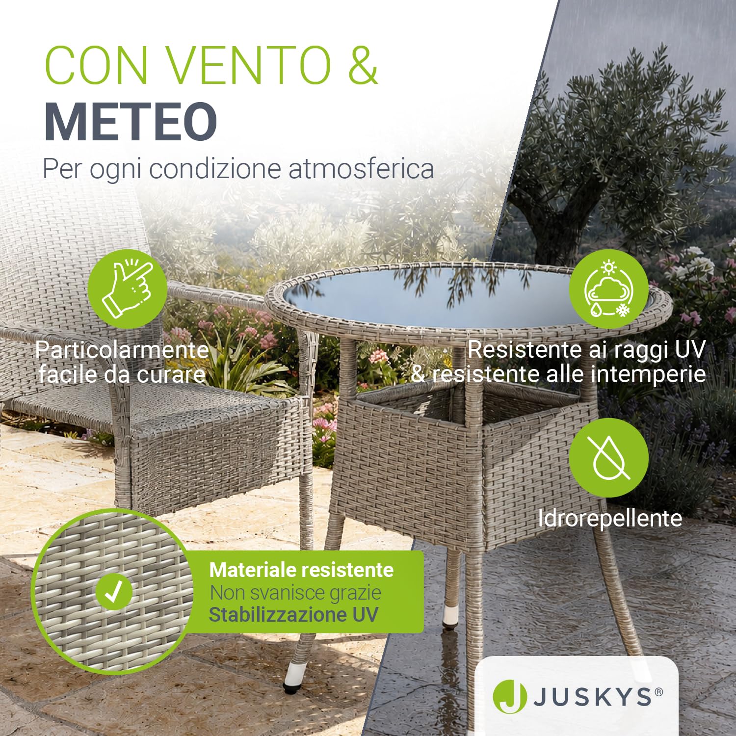 Juskys tavolino da giardino Yoro - Piccolo, rotondo, compatto, resistente alle intemperie - Piano in vetro e polyrattan - Ø 60 cm - Grigio