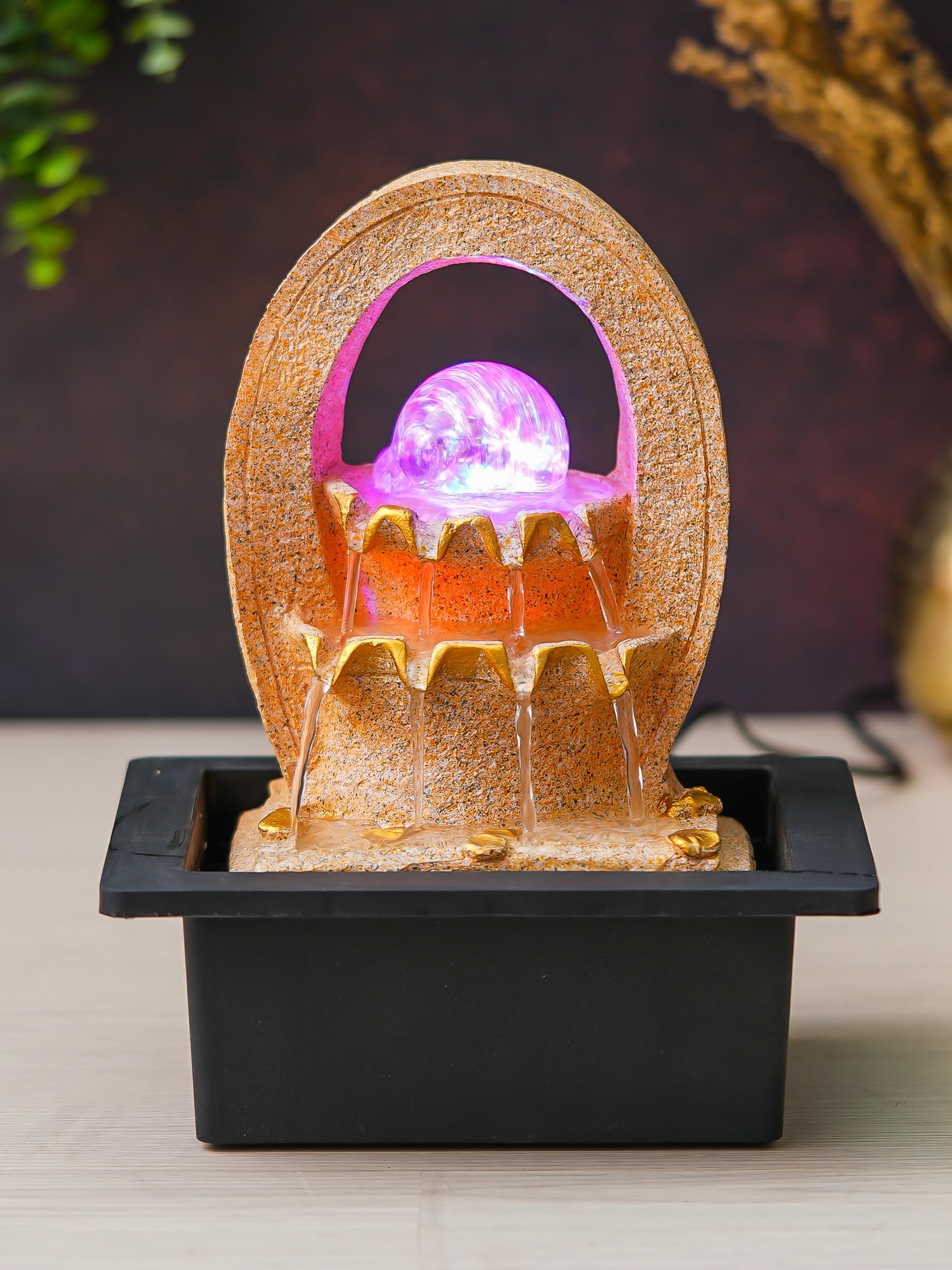 CHRONIKLE Polyresin Sand Designer Oval Table Top Indoor 2 Steps Waterfall Fountain with Yellow LED Lights, Water Flow Controller Pump and Crystal Ball (Size: 25 x 21 x 18.5CM | Weight: 1180grm)