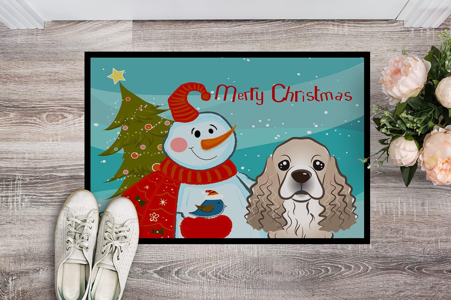 Caroline's Treasures BB1836JMAT Snowman with Cocker Spaniel Doormat 24x36 Front Door Mat Indoor Outdoor Rugs for Entryway, Non Slip Washable Low Pile, 24H X 36W