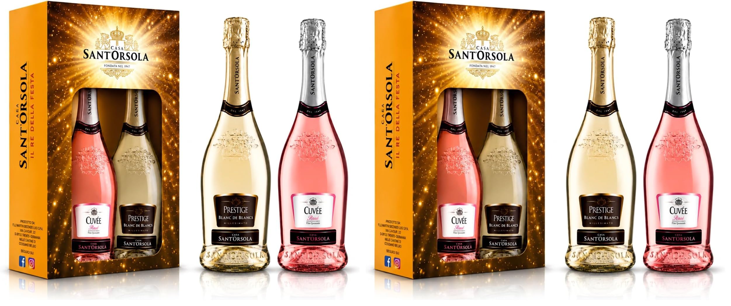 Sant'Orsola - Set Vino Cuvèe Prestige Blanc de Blancs e Rosè 12%, da Prestigiosa Uva Italiana, Gusto Dolce con Note Fruttate e Aromatiche, 2x750 ml (Confezione da 2)