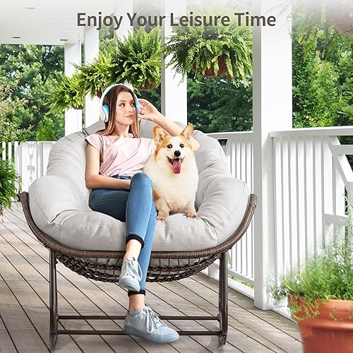Miniatura 3 de HOMEFUN Mecedoras para patio al aire libre, mecedora Papasan de gran tamaño para interiores con cojín acolchado, silla mecedora para porche