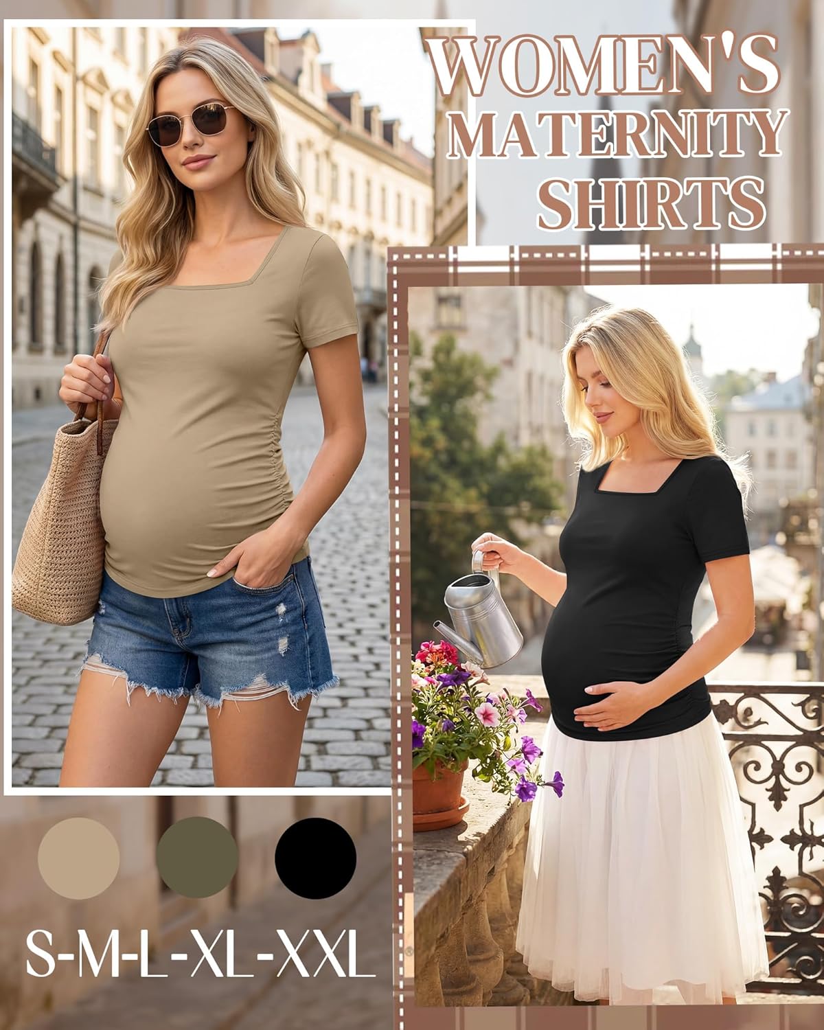 3 Pack Women's Maternity Shirts Square Neck Side Ruched Short Sleeve Maternity Tops Casual Knitted Pregnancy Tees - Image 3