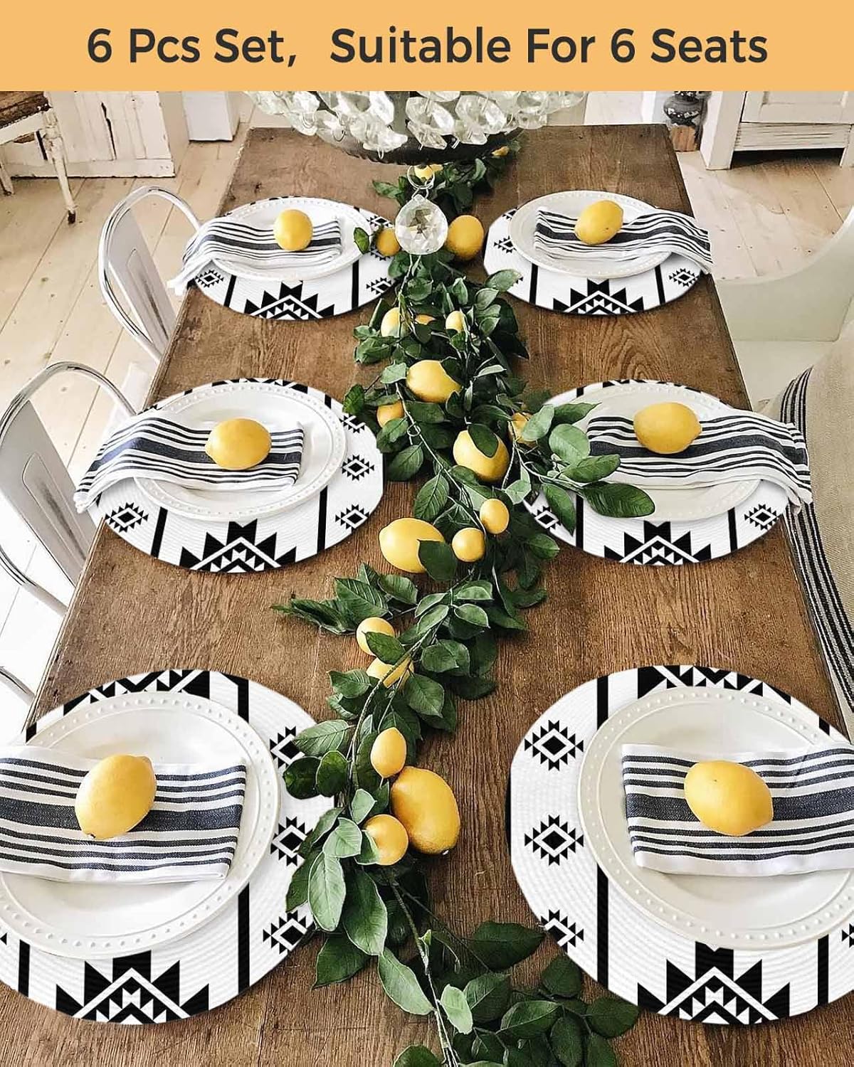 Round Placemats Set of 6 Black White Aztec Place Mats Washable Woven Placemat Western Tribal Pattern Circle Braided Table Mat for Kitchen Dining Table Party Home Decor 15 Inch