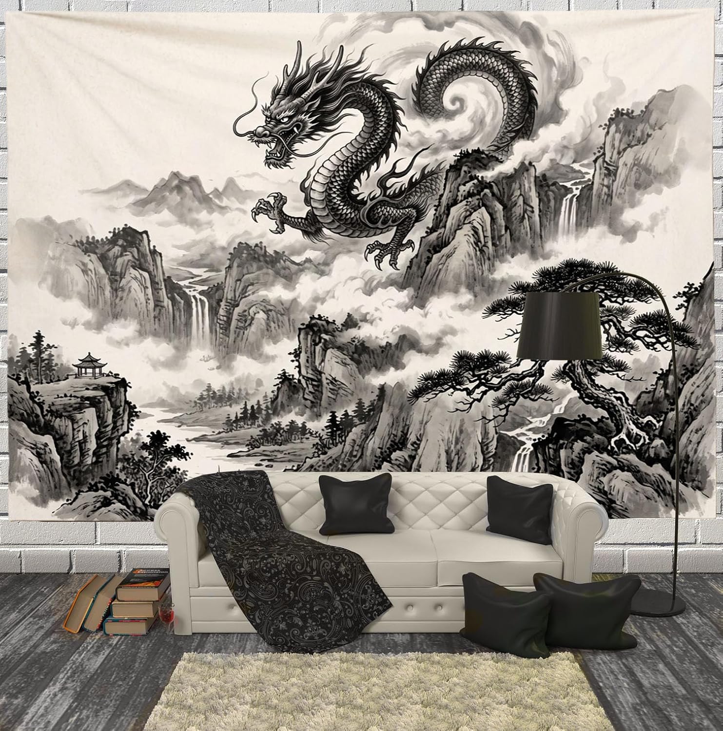 JRISEMECY Chinese Dragon Landscape Large Soft Tapestry For Bedroom | Misty Mountains In Ink Painting Wall Hanging Beige Aesthetic Tapestry Wall Art Backdrop Poster Decor For Living Room Dorm 40"X30"