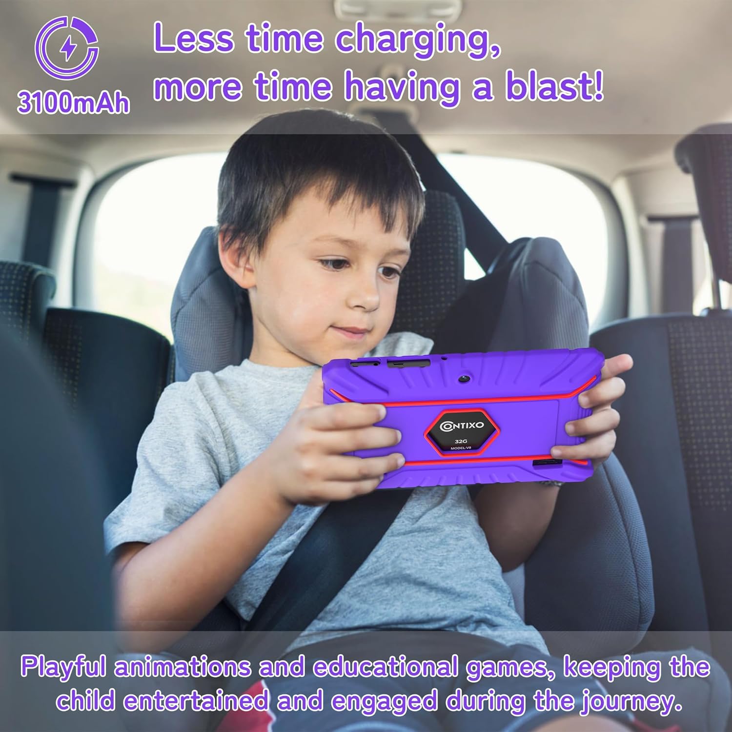 Contixo 7 inch Kids Tablet Bundle - with Headphone & Bag & Tablet for Kids, 32GB, Android 11, Parental Controls, Dual Camera - Purple
