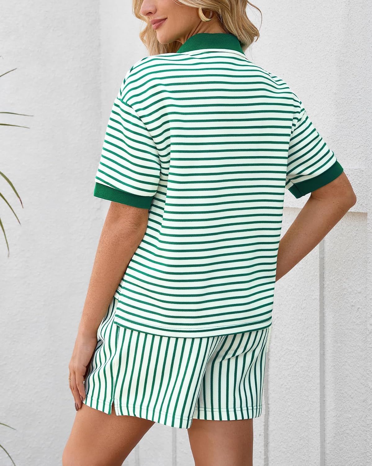 YEXPINE Women's 2 Piece Outfits Striped Short Sleeve Polo and Shorts Sets Workout Set with Pockets