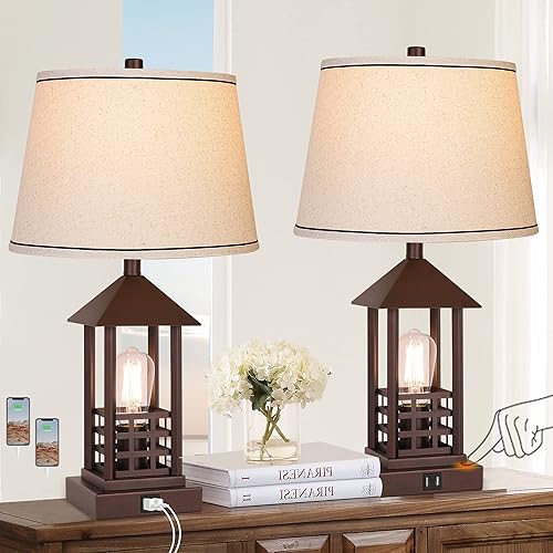 Table Lamps for Bedroom Set of 2 with USB Ports Farmhouse 3-Way Dimmable Touch Control Bedside Lamps with Nightlight Rustic Oil Rubbed Bronze Nightstand lamp for Living Room, 4 LED Bulbs Included