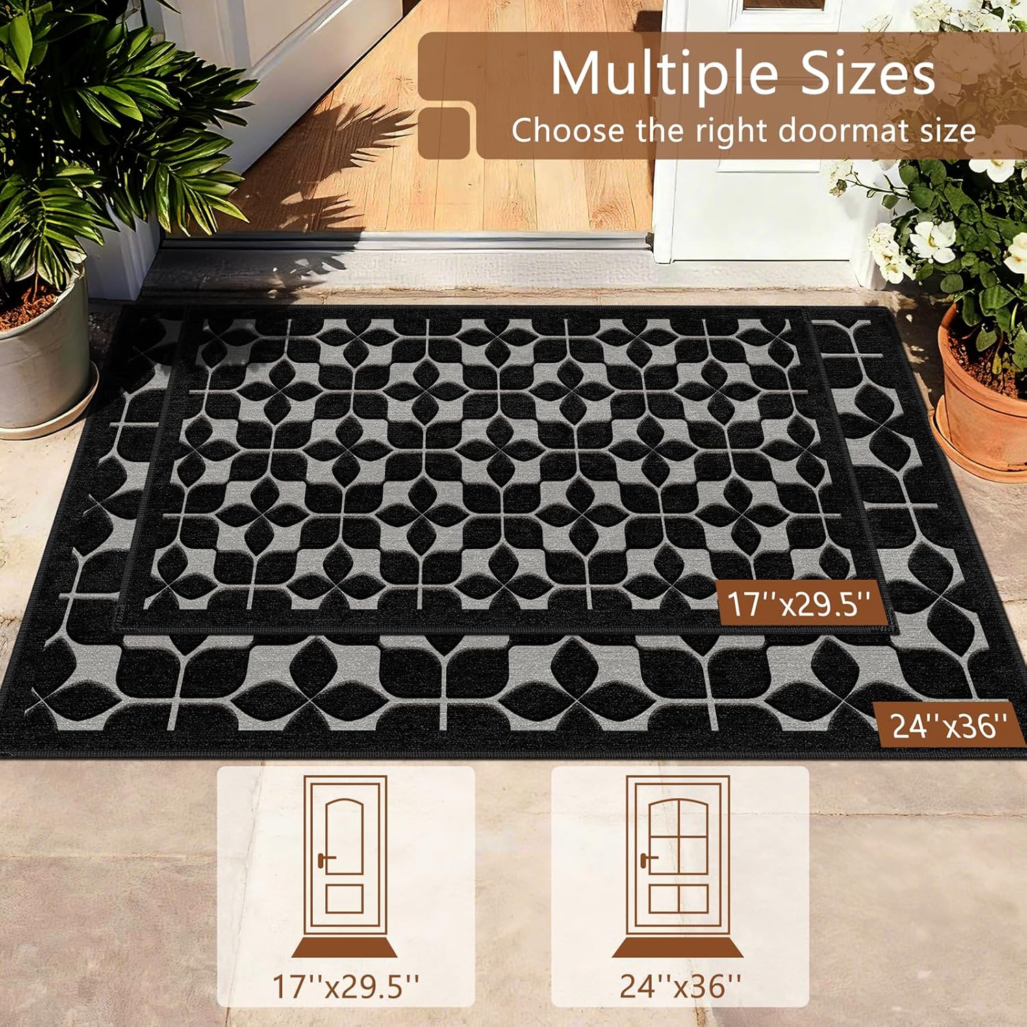 Front Door Mat Indoor Outdoor Entrance 17''x29.5'' Washable All-Weather Black Floral Doormat Stain and Fade Resistant Non-Slip Low Pile Easy Clean Patio Porch Floor Mat 1'5"x2'6" Small Rug