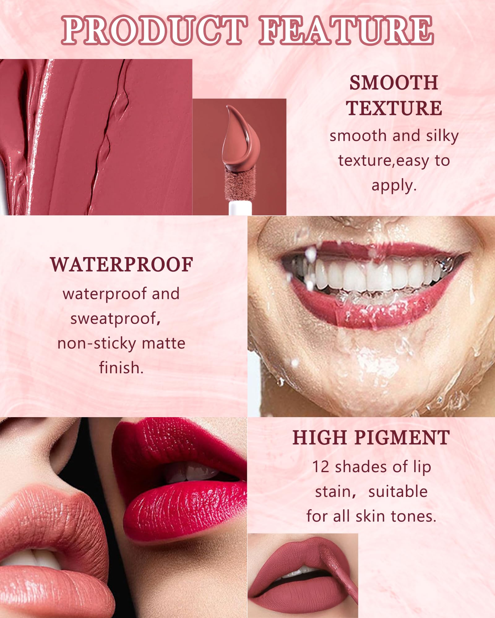 Matte Liquid Lipstick Set-6Pcs Dark Ruby Red Berry Plum Velvet High Pigmented Lip Tint Stain - Image 3