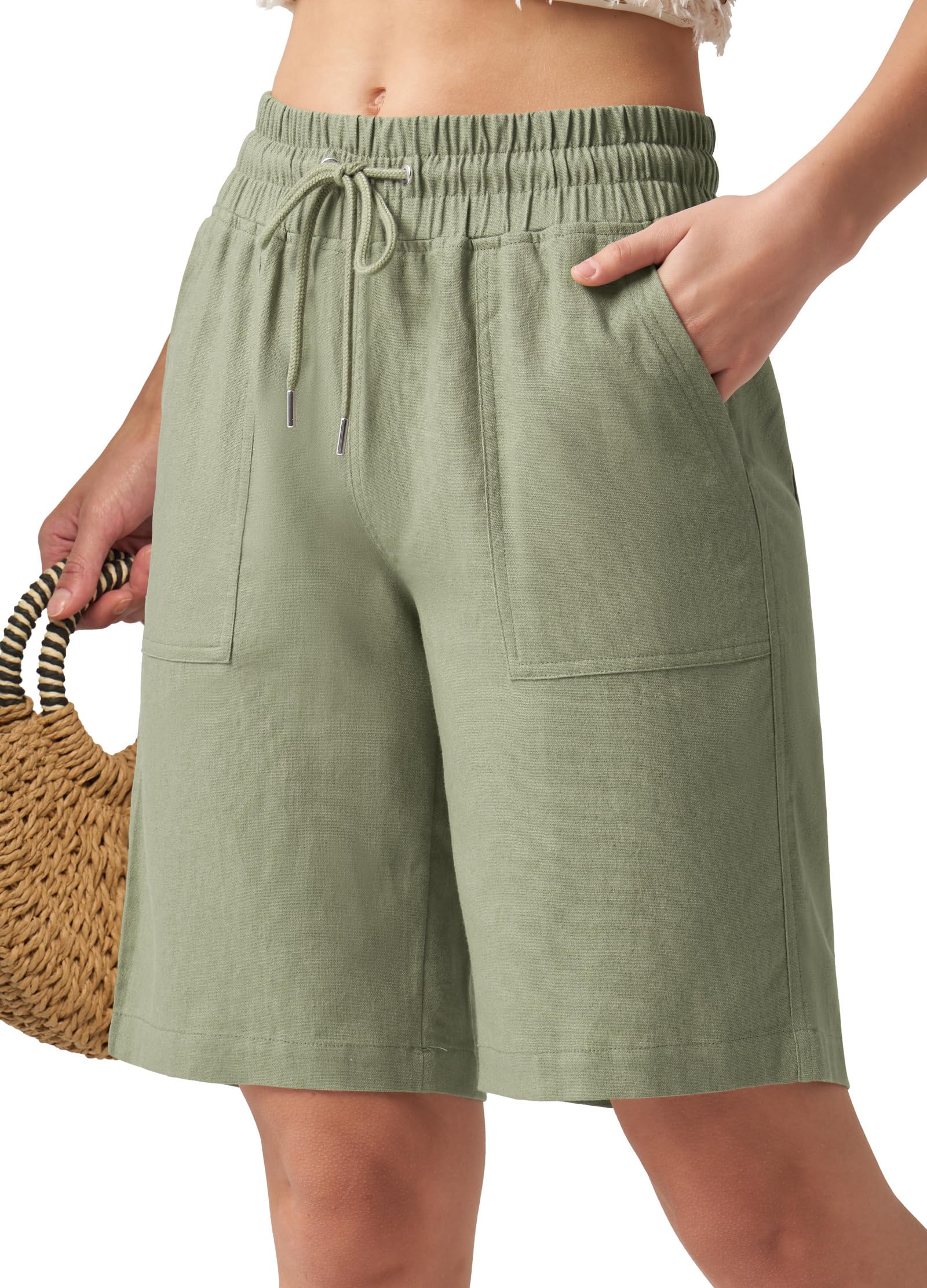 CHEERYAH Women's Linen Shorts Casual Bermuda Long Linen Beach Summer Shorts with Pockets High Waisted 10"
