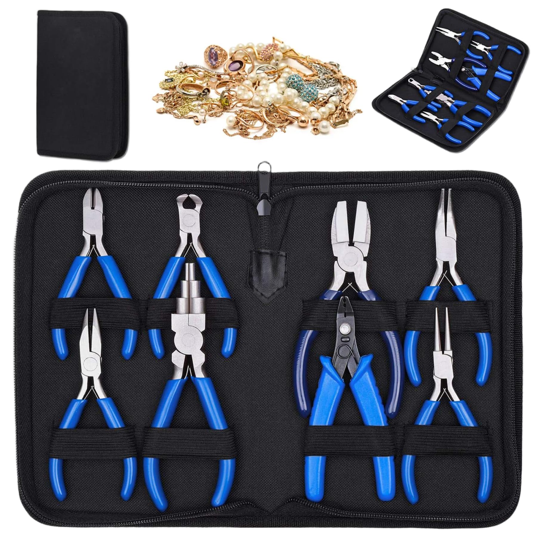 Ensemble de pinces pour la fabrication de bijoux, outils bijouterie en acier à haute teneur en carbone avec sac rangement à fermeture éclair 8 pièces