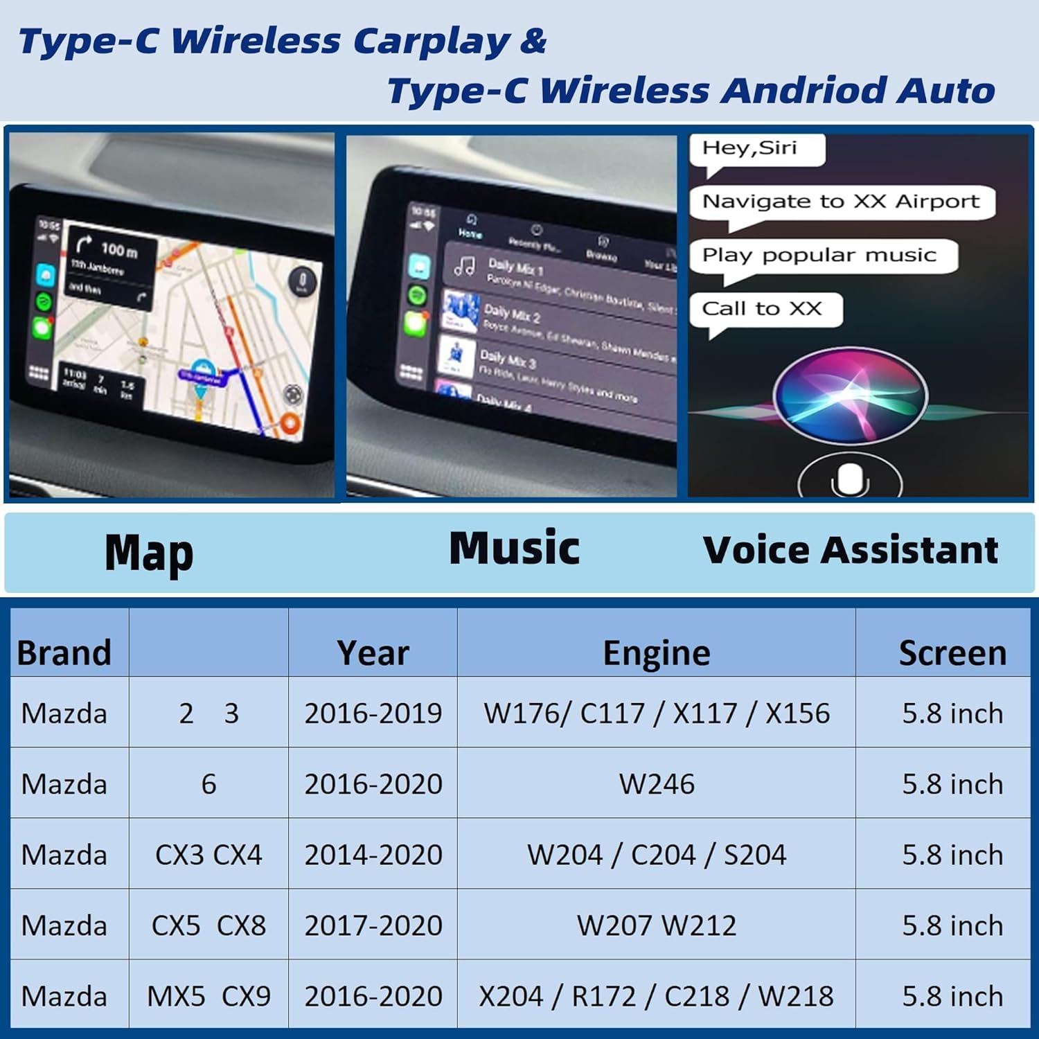 Dasbecan Type-C Wireless Mazda Apple Carplay and Android Auto Retrofit Kit Compatible with Mazda 2/3/6/CX3/CX5/CX9/MX5 2015-2020, TK78-66-9U0C Adapter (Only Support Wireless Carplay NO Android Auto)