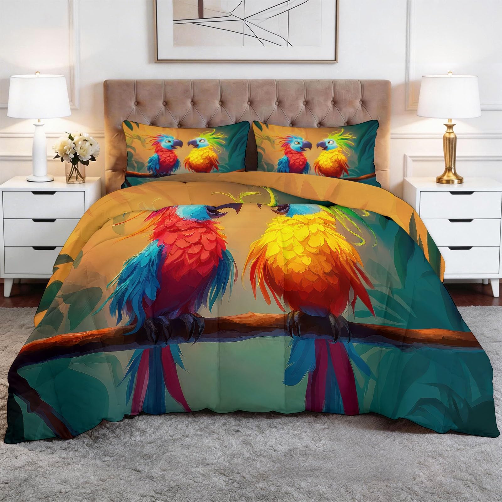 Generico Piumone Invernale Matrimoniale 220 x 240 cm Animali Pappagallo Trapunta in Ecopiuma 400 gr/mq, Caldo ed Elegante – Biancheria da Letto Anallergica e Traspirante – Set 3 Pezzi, Colore