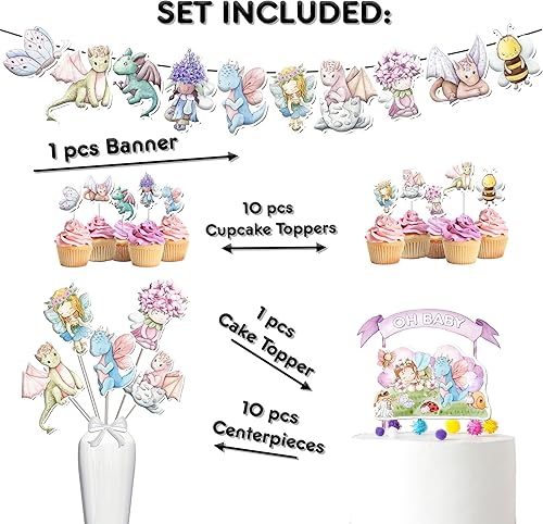 Miniatura 2 de Juego de decoración de fiesta de baby shower de dragones y hadas, paquete de suministros de fiesta temática de dragón y hadas para baby shower.