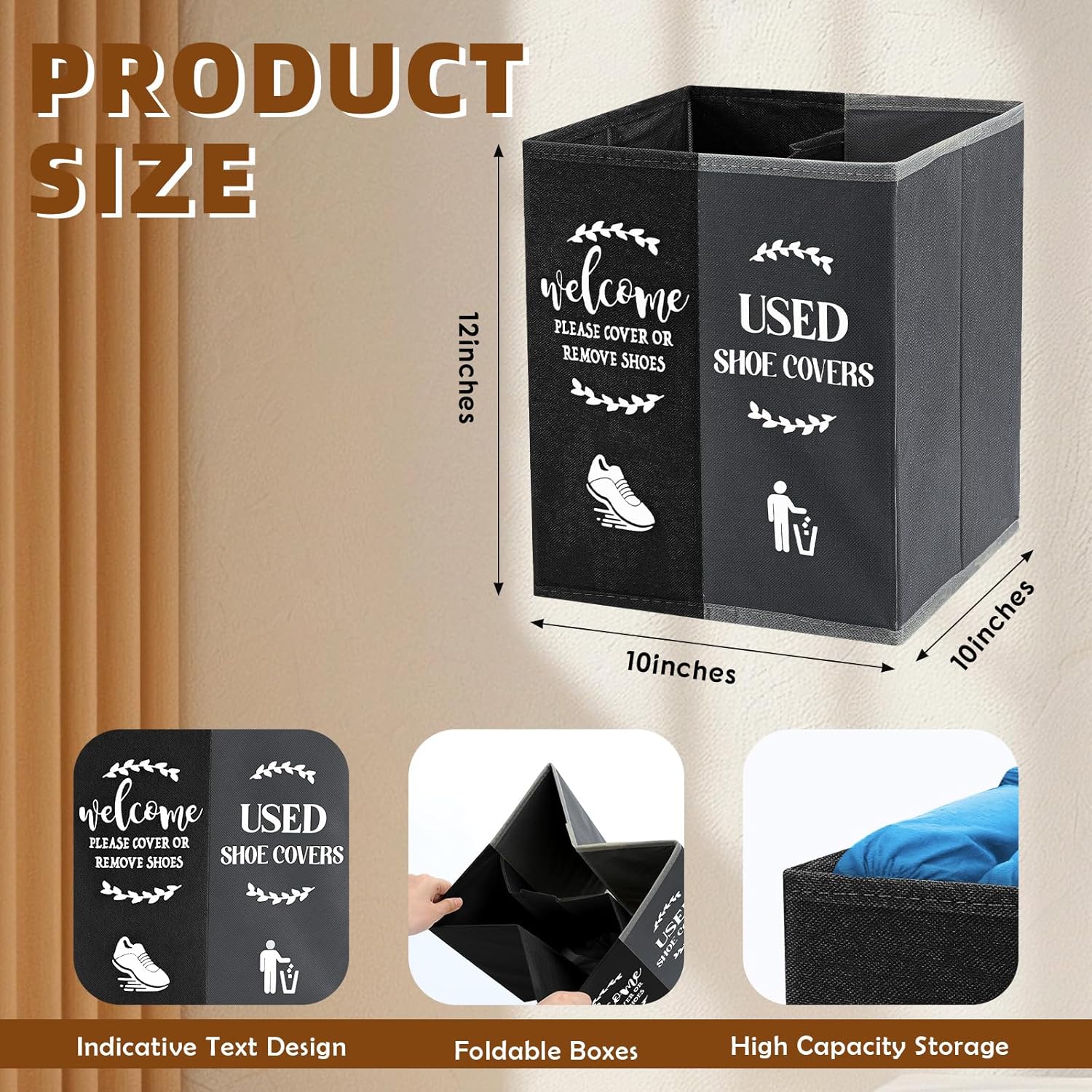 Shoe Cover Box Dispenser Foldable Storage Bin Holder with Used Shoe Covers and Welcome Please or Remove Sign for Open House Supplies (Black, Gray)