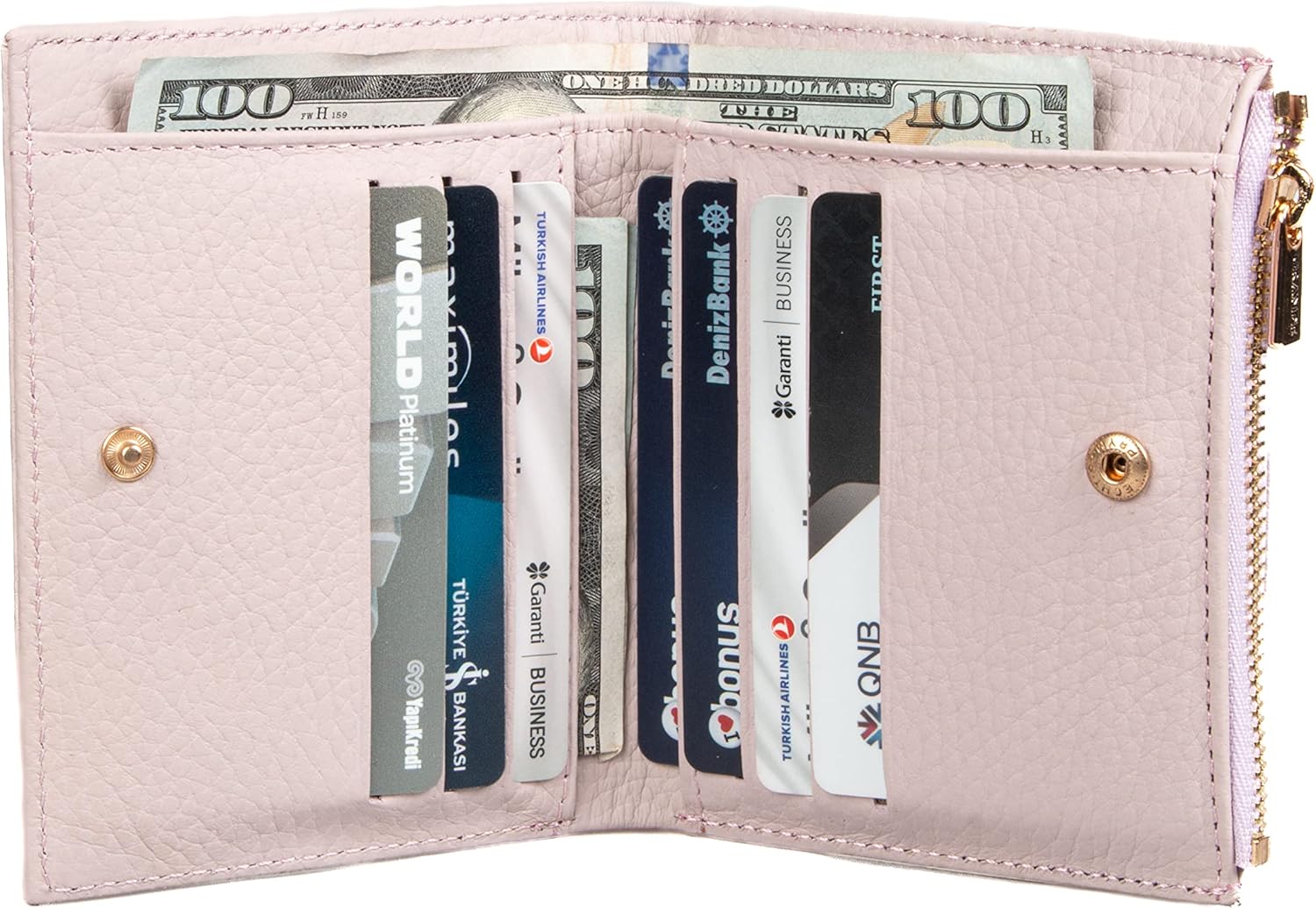 grande 2805 Genuine Leather Small Bifold Wallet For Women Minimalist Wallet Ladies Zippered Mini Purse Small Card Holder (Pale Pink) - Image 7