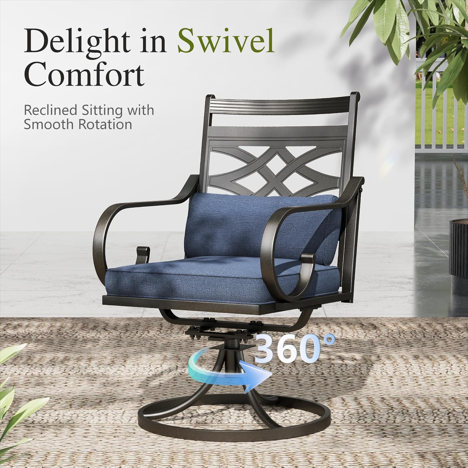 Sophia and William Swivel Patio Dining Set for 6, Outdoor Table and Chairs, Removable Seat Cushions, 60" Black Patio Dining Table,Blue