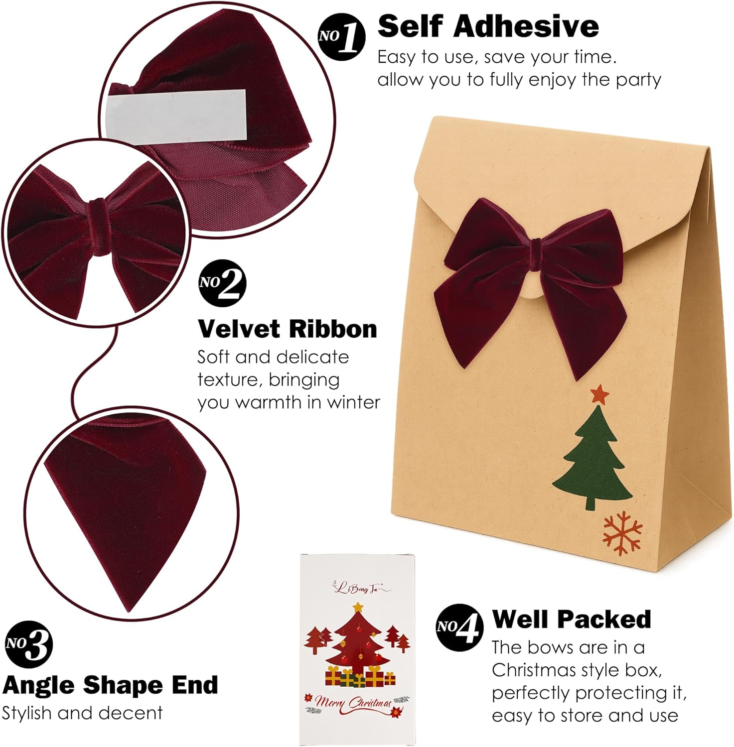 3.5" Maroon Bows Velvet Ribbon Bow with Self Adhesive, Small Gift Bows Decor, Dark Red Christmas Bows for Treat Bags, Candy Pop, Basket, Party Favor, Craft Bow for Gift Wrapping-24 PCs - Image 3