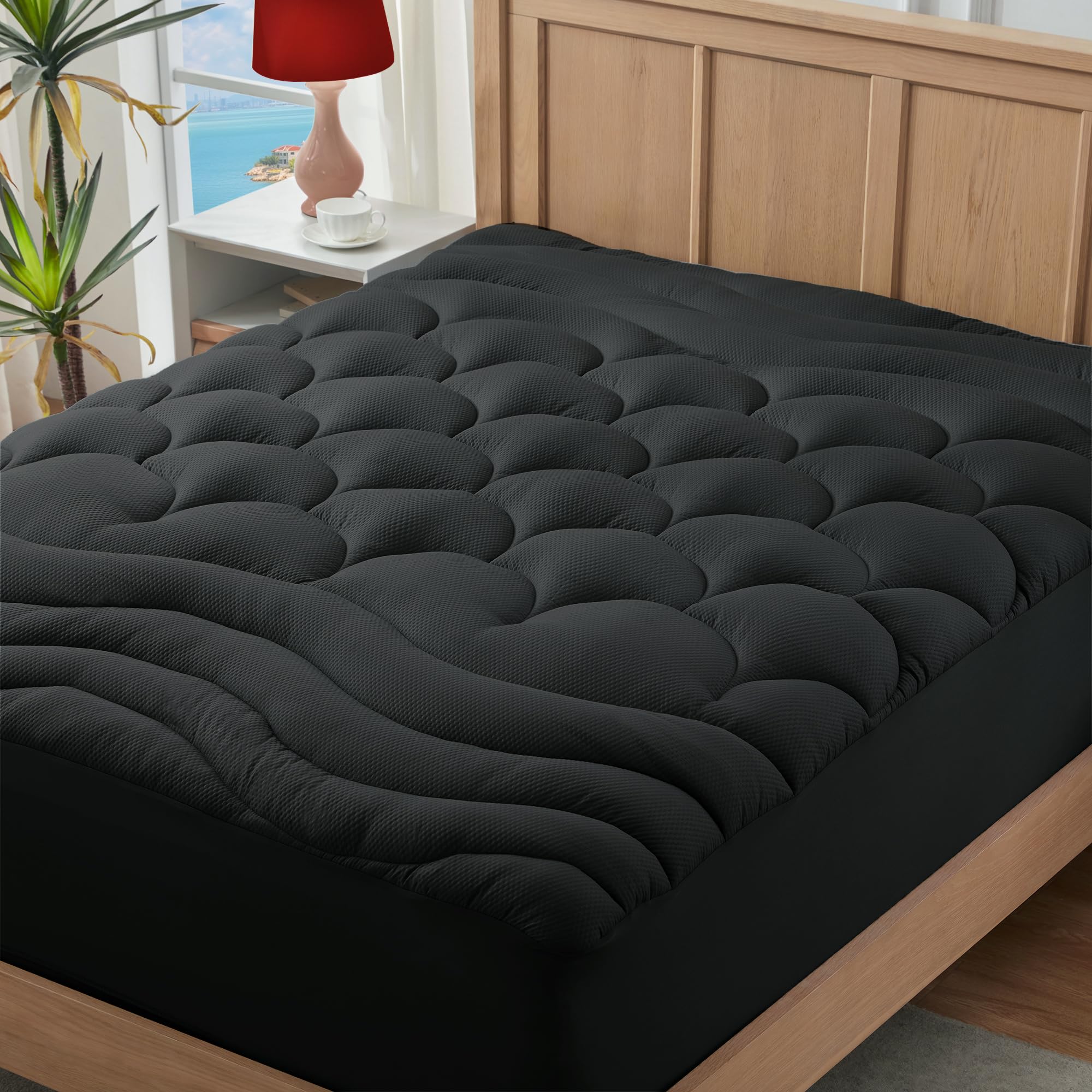 ELVEN HOME Full Size Mattress Pad for Pain Relief, Quilted Fitted Cooling Mattress Topper for Double Bed, Pillow Top Mattress Protector Cover with 8-21" Deep Pocket (54x75 inch, Black)