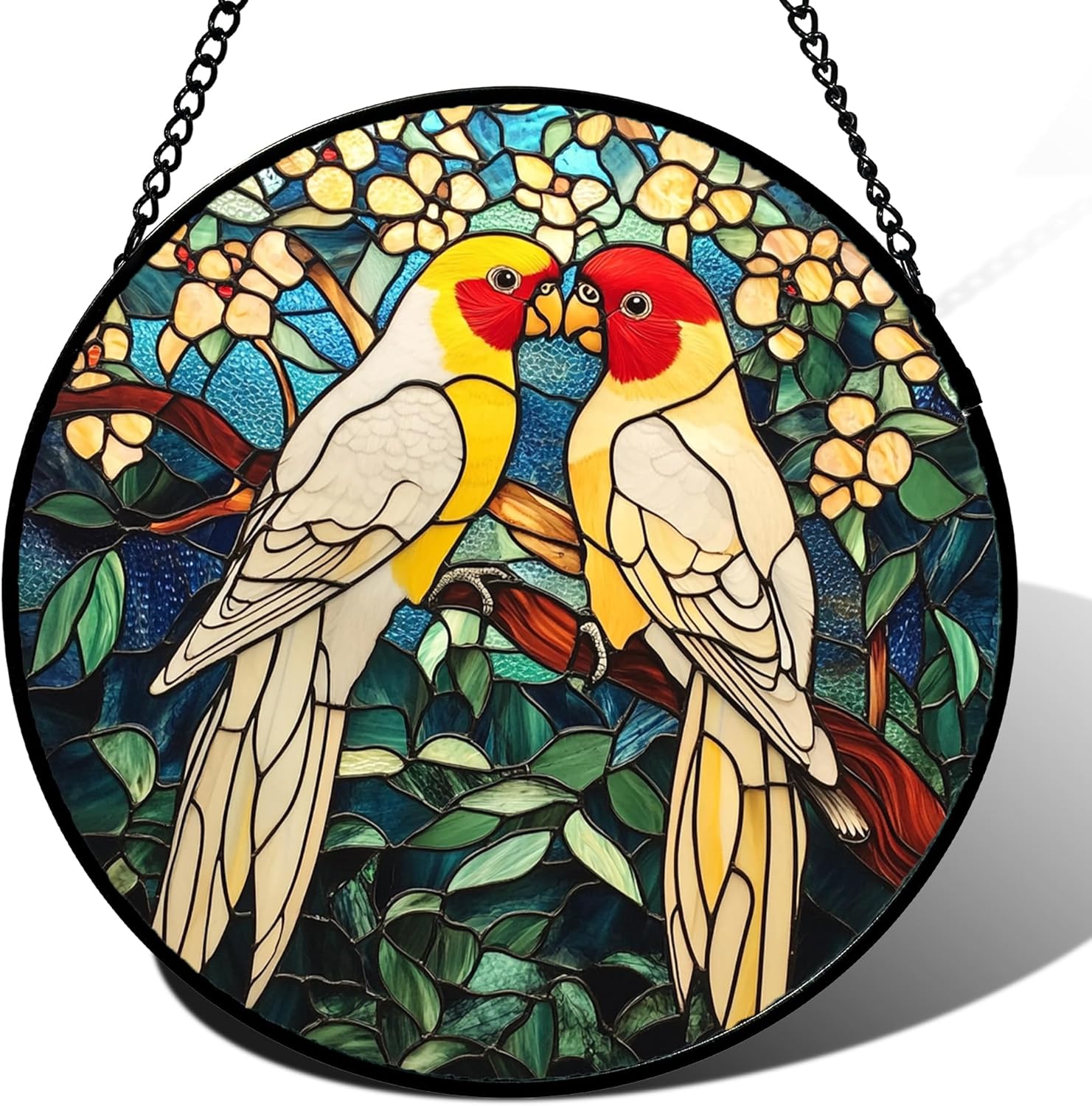 Stained Glass Window Hanging 2 Parrots Yellow Flowers Large 11.8" - Suncatcher Door Garden Sunroom Bird Sun Catcher Home Decor Mother's Day Birthday Christmas for Mom Men Woman Nana