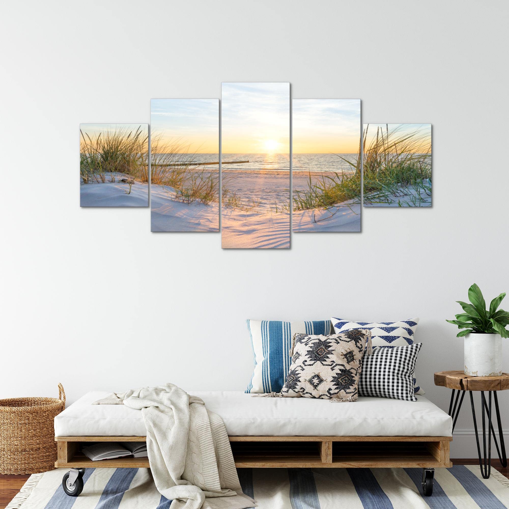Runa Art - Quadri Spiaggia Tramonto 200 x 100 cm 5 Pezzi XXL Decorazione Murale Design Beige blu 041751a