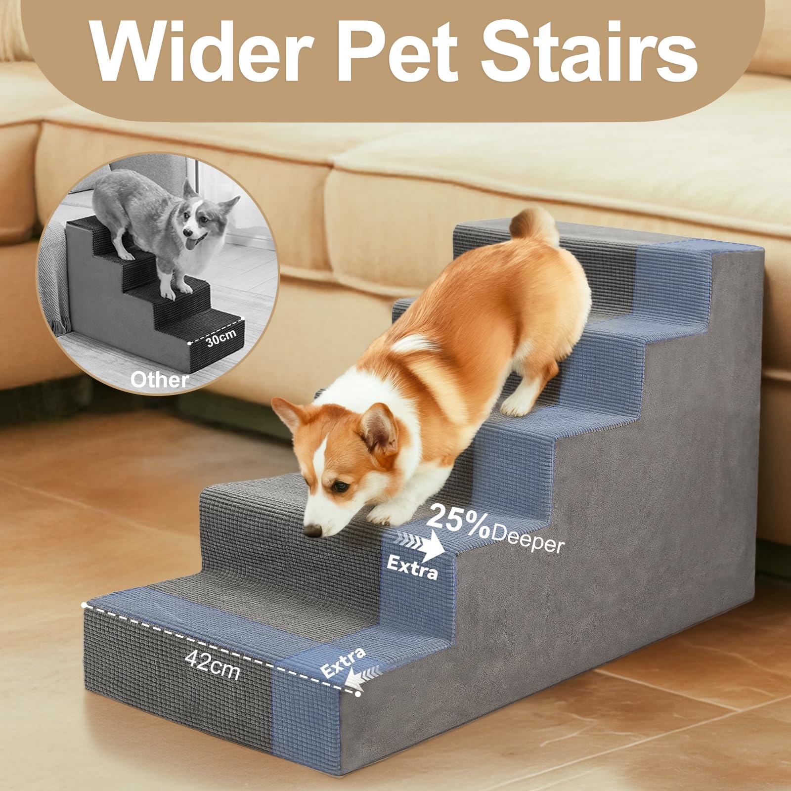 Escalier pour Chien et Chat D86 x W42 x H57 cm Housse Lavable Mousse Antidérapant Haute densité Gris 5 marches