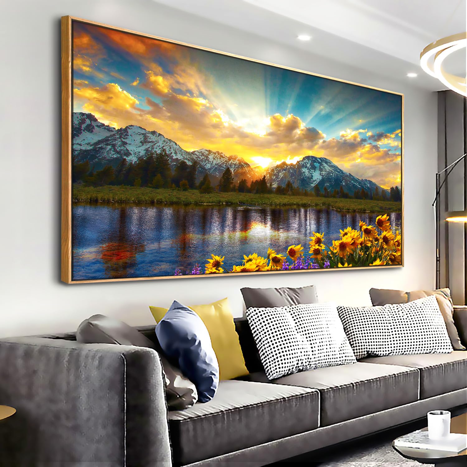 Framed Wall Art for Living Room, Mountain Landscape Picture Sunflower ...