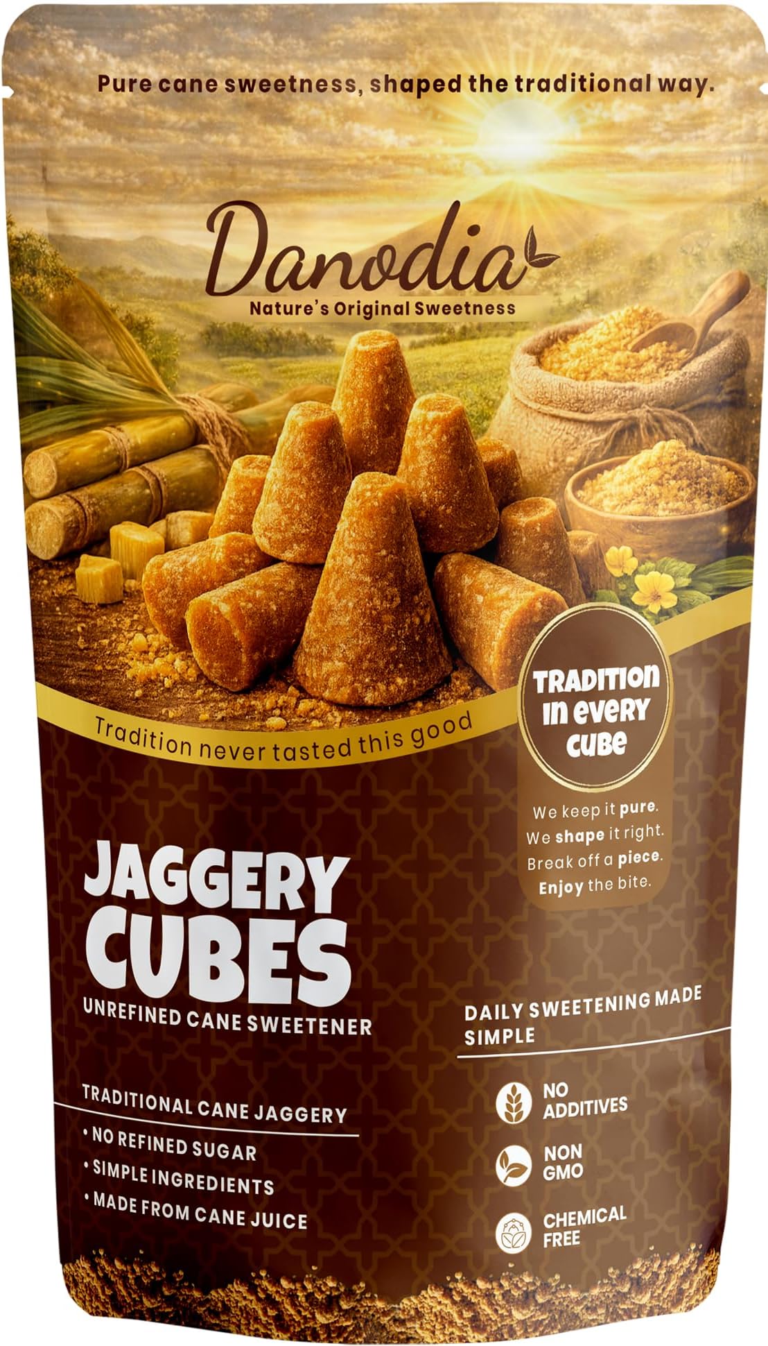 Danodia Foods Organic Jaggery Cubes, Cane Gur Sweetener, 1 lb Pack | Traditional sugarcane gur cubes for tea, coffee, cooking, baking, desserts and Indian pantry recipes; no preservatives used