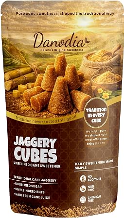 Danodia Foods Organic Jaggery Cubes, Cane Gur Sweetener, 1 lb Pack | Traditional sugarcane gur cubes for tea, coffee, cooking, baking, desserts and Indian pantry recipes; no preservatives used