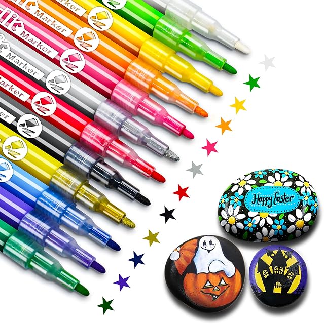 JYUYNY Acrylic Paint Pens, Paint Pens Markers,12 Colors Permanent Paint Art Markers Waterbased Pen Set for Photo Album ,Canvas, DIY Craft, School Project, Glass, Ceramic, Wood,Easter Egg,Non Toxic
