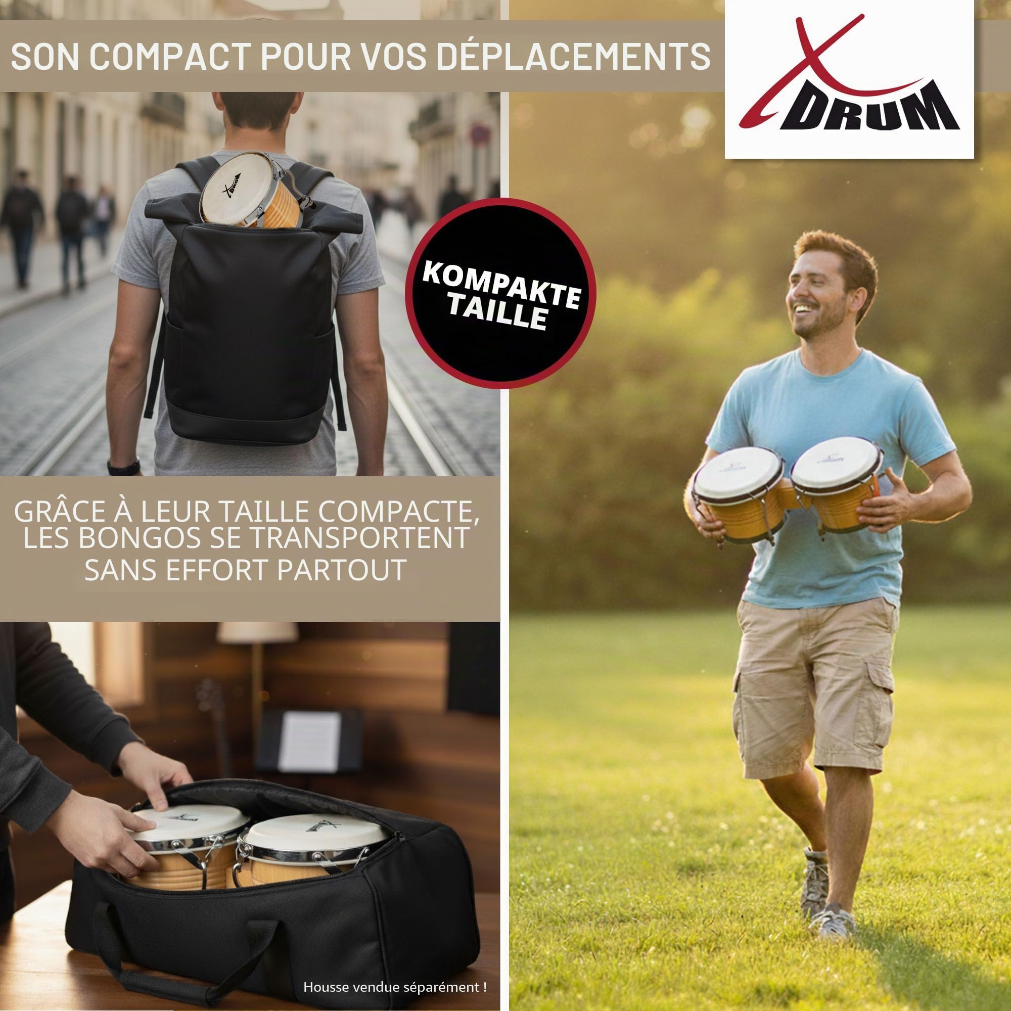 Set XDrum Bongos Pro Natur avec Support Inclus, Tailles des bongos: 6 | 2 tambours (« macho » et « hembra »), 5" (17 cm) et 7, 5" (20 cm), Peaux naturelles, Bois: bouleau, Quincaillerie chromée
