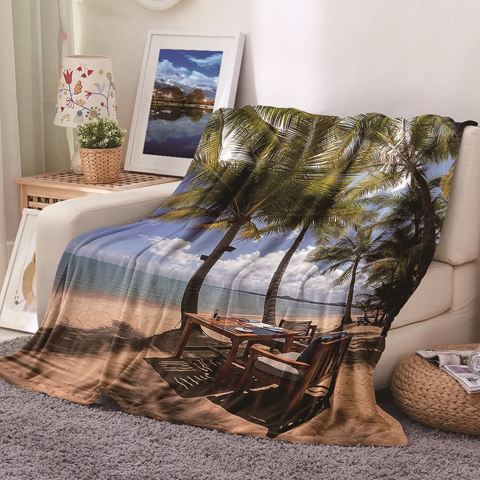 Couverture Douce en Flannel Motif Cocotier Bleu KnSam