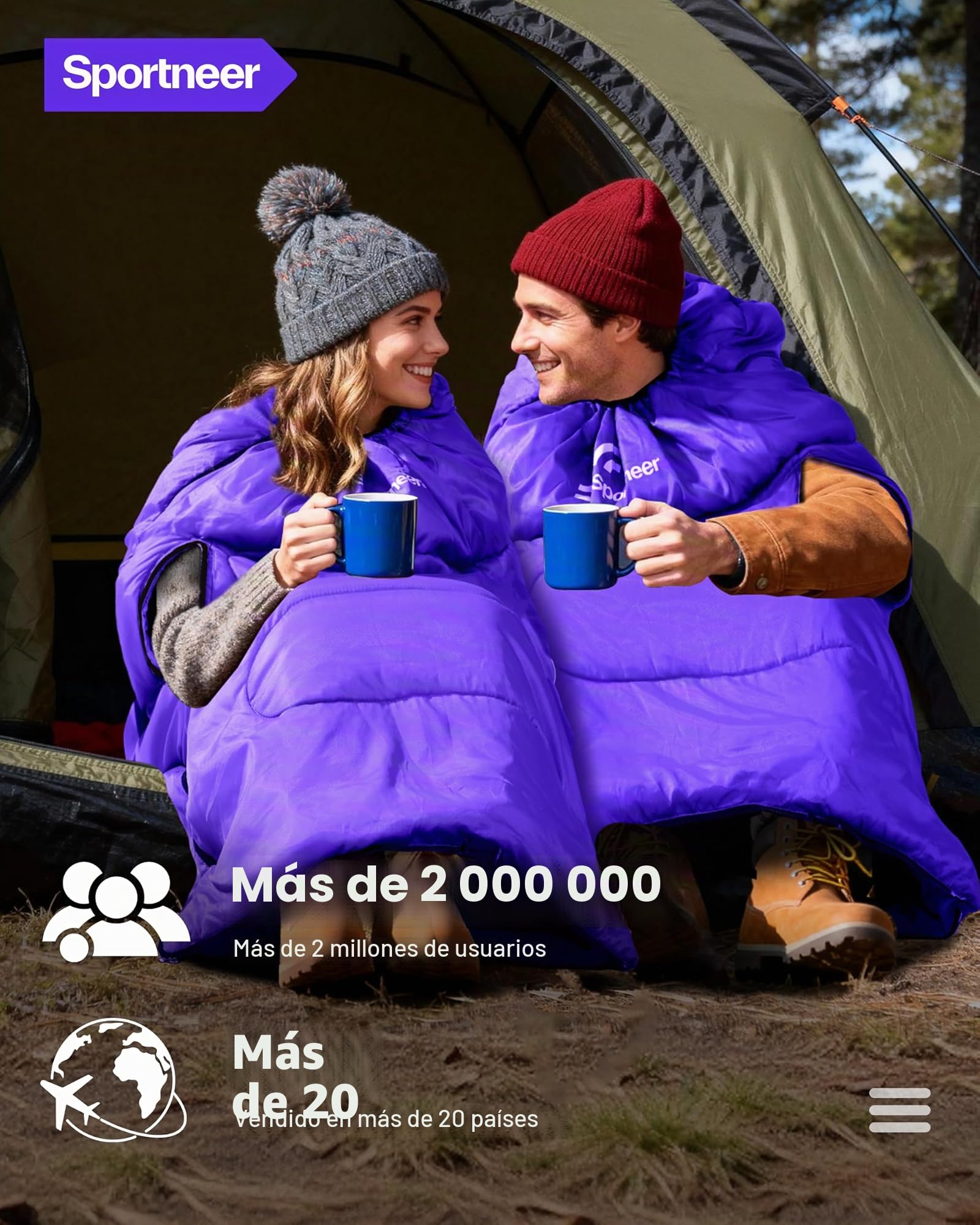 Sportneer Saco de Dormir portátil Adecuado para Las 4 Estaciones con Orificios con Cremallera para Brazos y pies Saco de Dormir Individual para Adultos para Senderismo y Viajes, 20 Grados, Púrpura