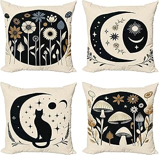 Ambesonne Bohemian Throw Pillow Cushion Cover Set of 4, Crescent Moon Stars and Cat with Boho Botanical Flowers Mushroom, ...