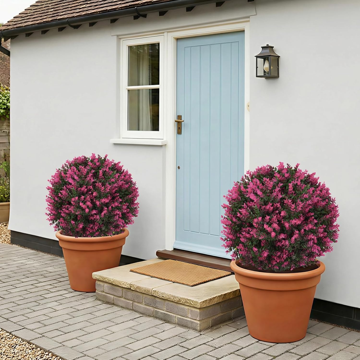 Artificial Red Eucalyptus Topiary Ball Trees 24", Lush Dense Foliage Fake Plants Pair with Ground Spike, UV Resistant Faux Evergreen Plants for Outdoor Indoor Planters Front Porch