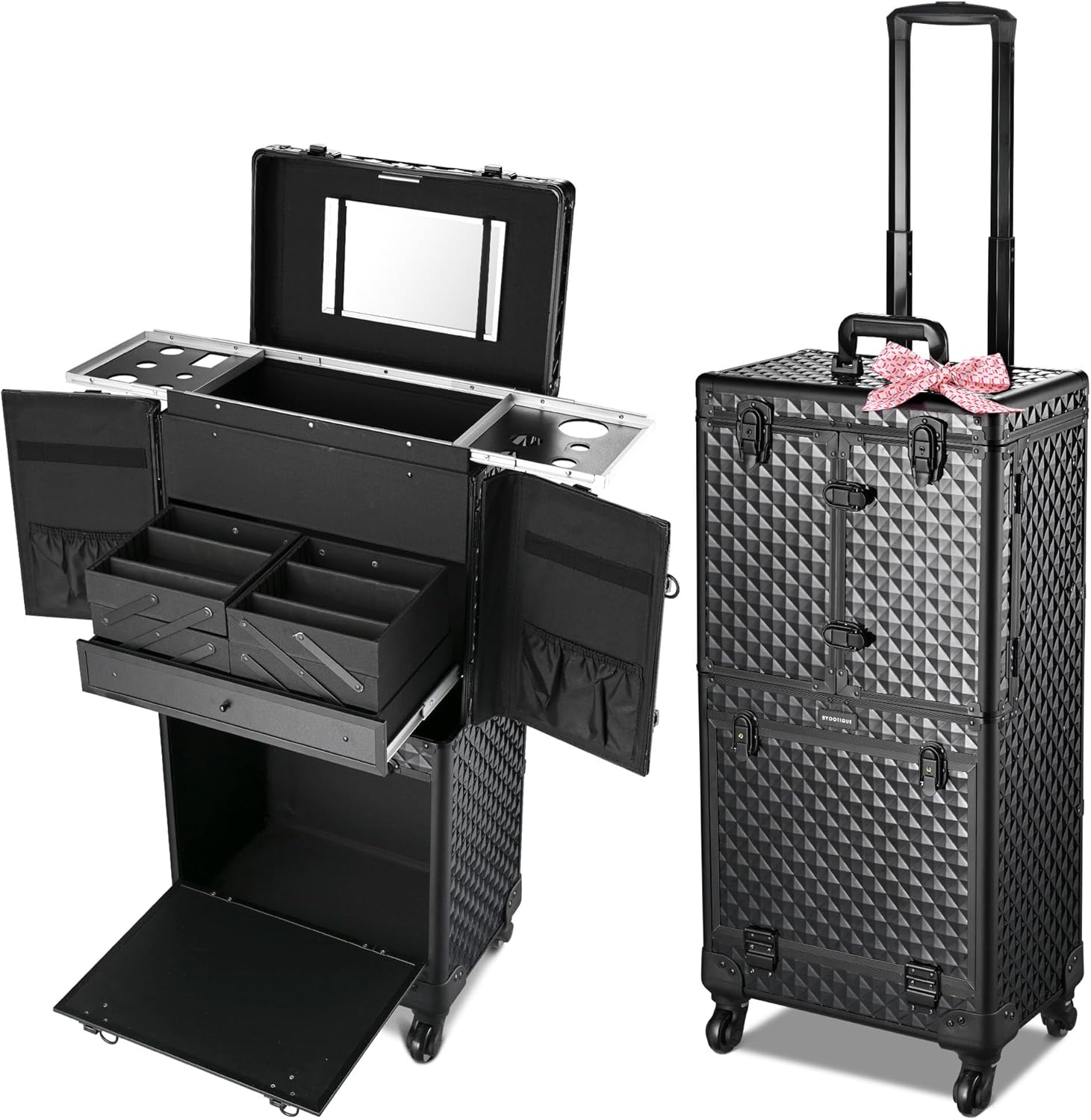 BYOOTIQUE Rolling Makeup Case Trolley with Mirror Cosmetic Organizer Stroage Hair Stylist Barber Extendable Tray Hairdressing Beauty Salon Lockable