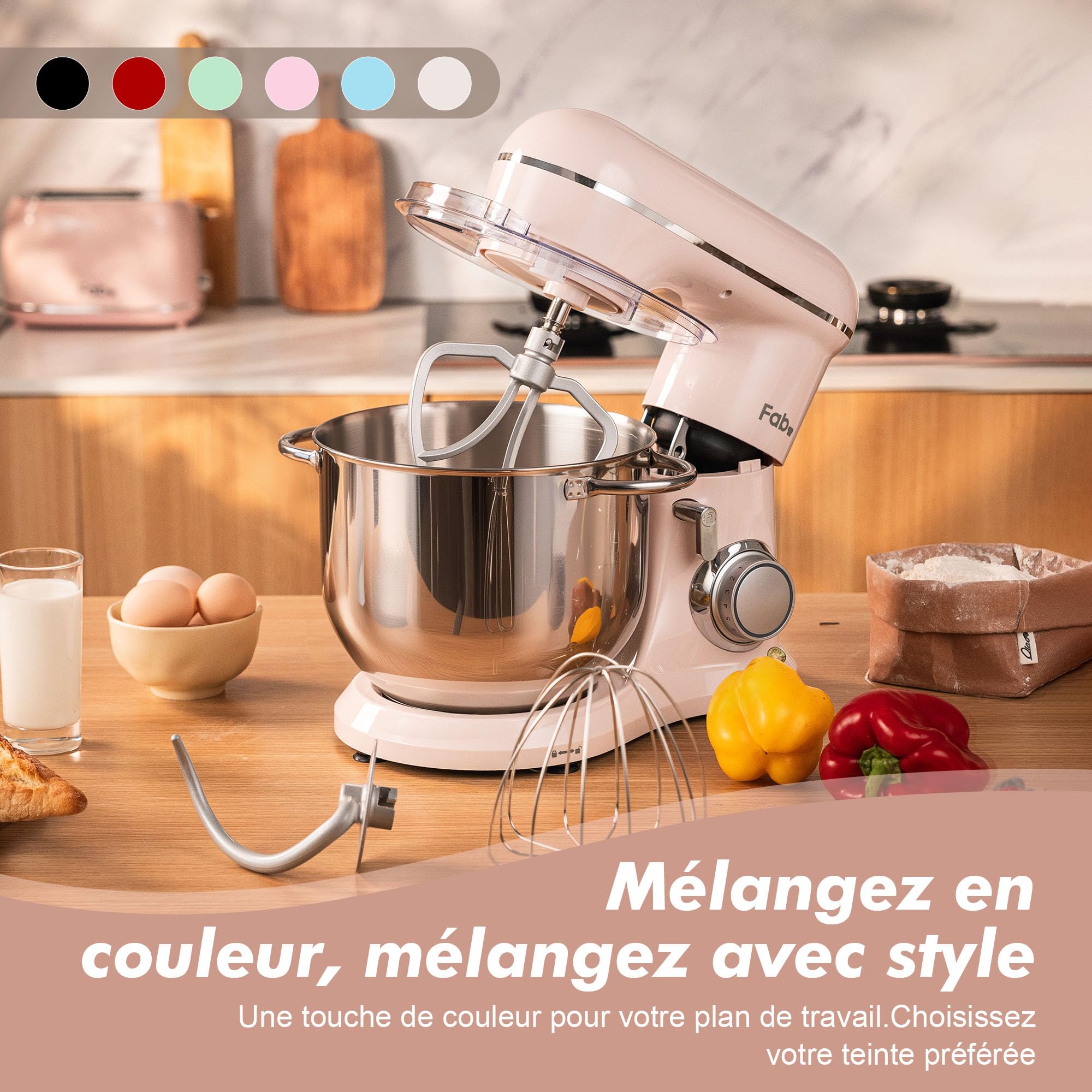 Fab by Kitchen in the box Robot Pâtissier 8L Grande Capacité, Batteur sur Socle 2000W, Pétrin Professionnel avec Fouet, Batteur Plat, Crochet Pétrisseur, 10 Vitesses + Pulse, Bol Inox